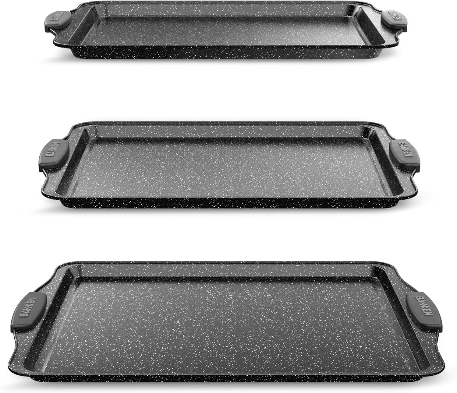 BAKKEN Gray Marble Nonstick Baking Pan Set - 3-Piece Carbon Steel Bakeware with Silicone Handles - Professional Grade Oven Pans for Home Kitchen