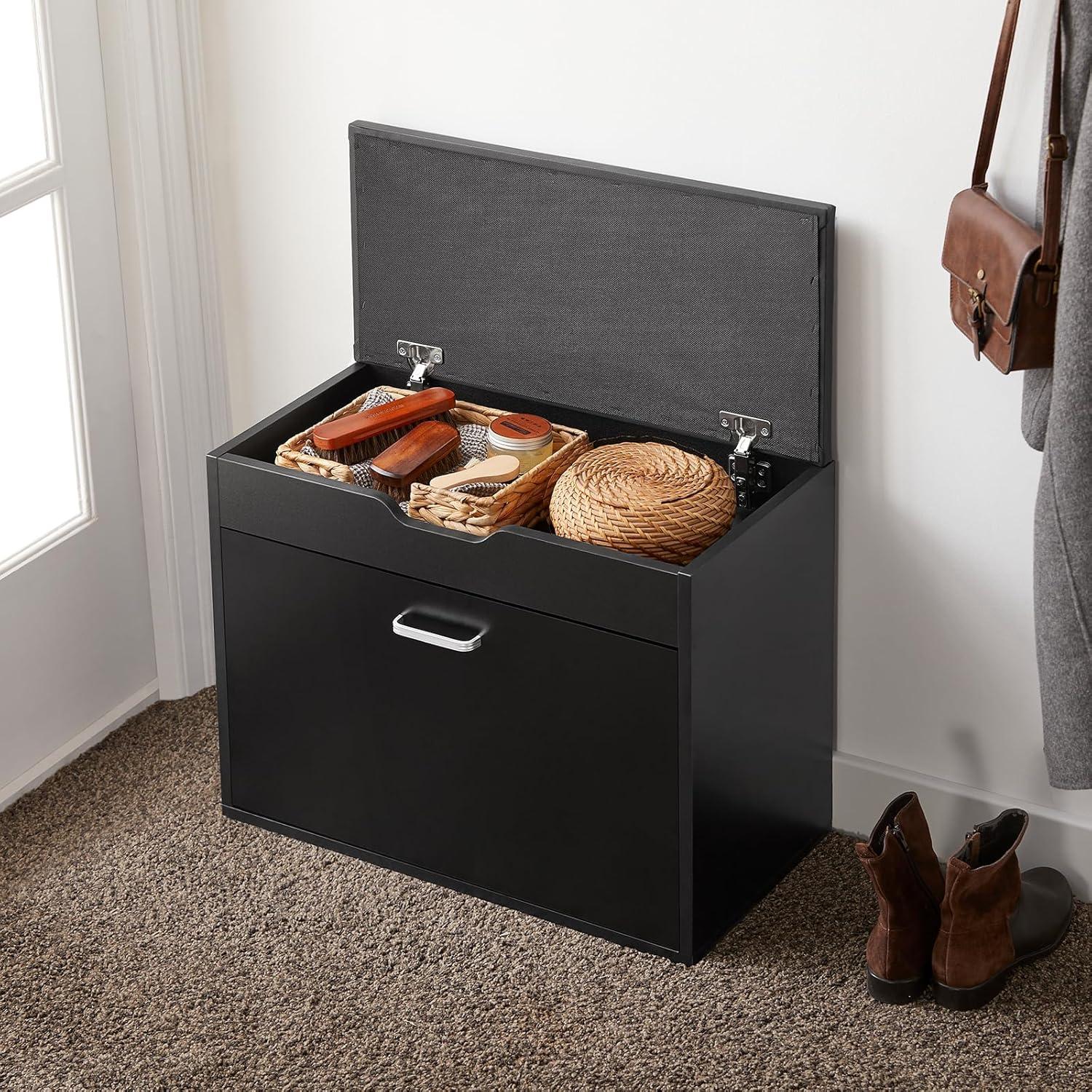 SoBuy Small Shoe Bench, Narrow Shoe Cabinet with Folding Padded Seat, Small Space Shoe Rack, White, FSR95-W