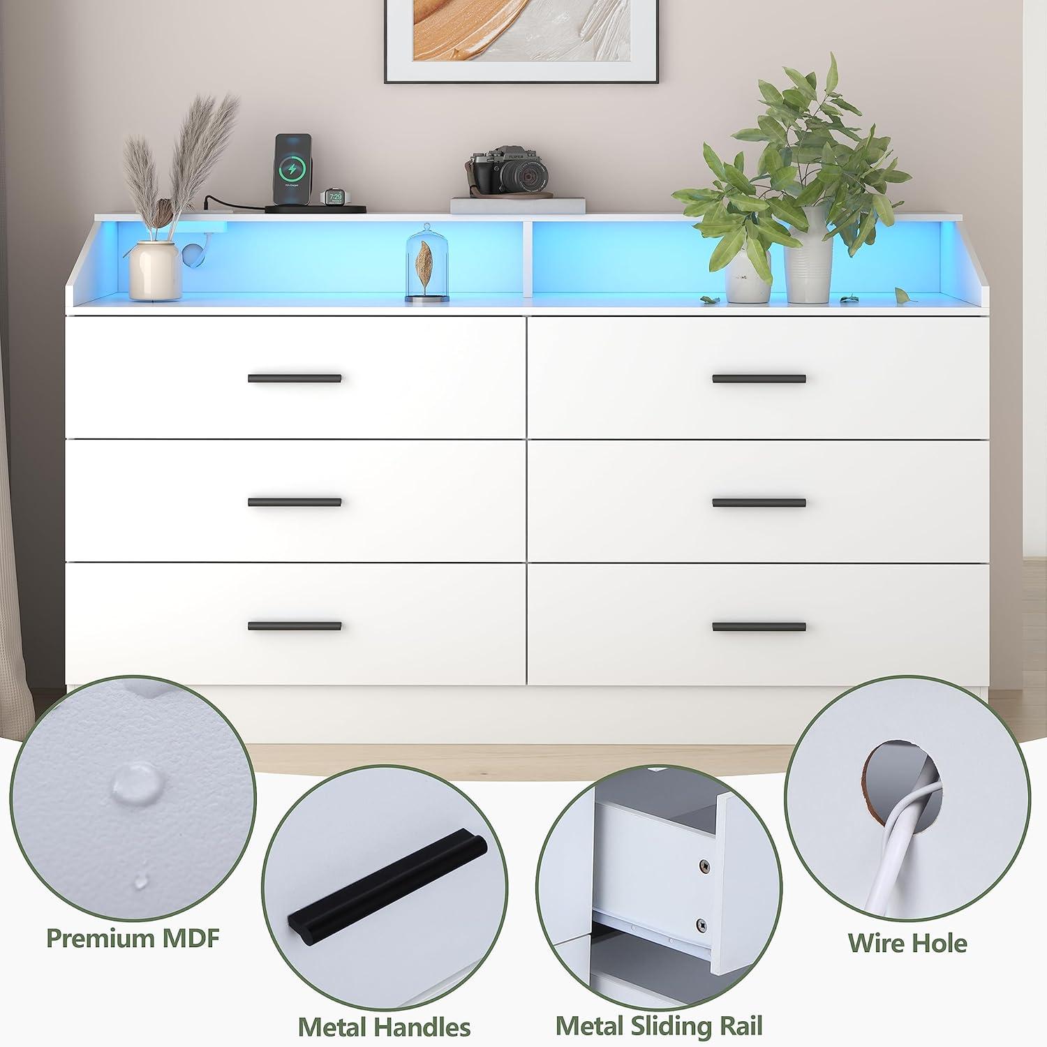 Gyfimoie 6 Drawers Dresser with Power Outlet, Chest of Drawers with LED Light, Modern Dresser with Open Storage Cubby, Double Wide Dresser Organizer for Bedroom, Living Room, Entryway, Hallway (Black)