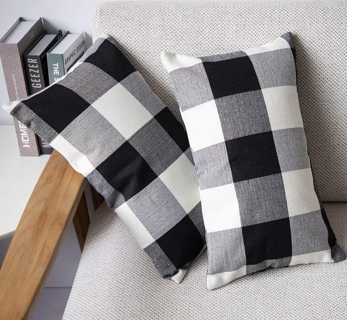 Set of 2 Farmhouse Buffalo Check Plaid Throw Pillow Covers Cushion Case Polyester Linen for Fall Home Decor Black and White, 12 x 20 Inches