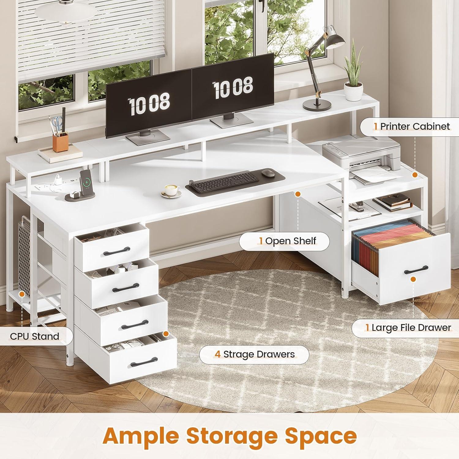 75 Inch Computer Desk with 5-Drawer Power Outlet & Led Lights, Home Office Desk with File Drawer, Storage Shelves, Printer Cabinet and Monitor Stand, Large Desktop Gaming Desk, White