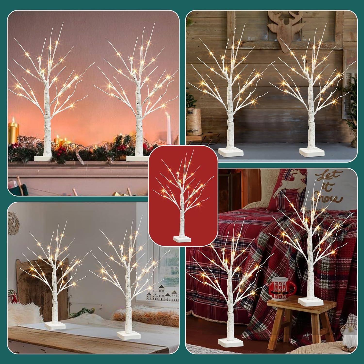 The Holiday Aisle® White Birch Tree With LED Lights - Set Of 2, LED Tabletop Tree With Timer, Christmas Decorations Lighted Tree For Indoor Mantel Home Decor (2 FT, 24 LED)