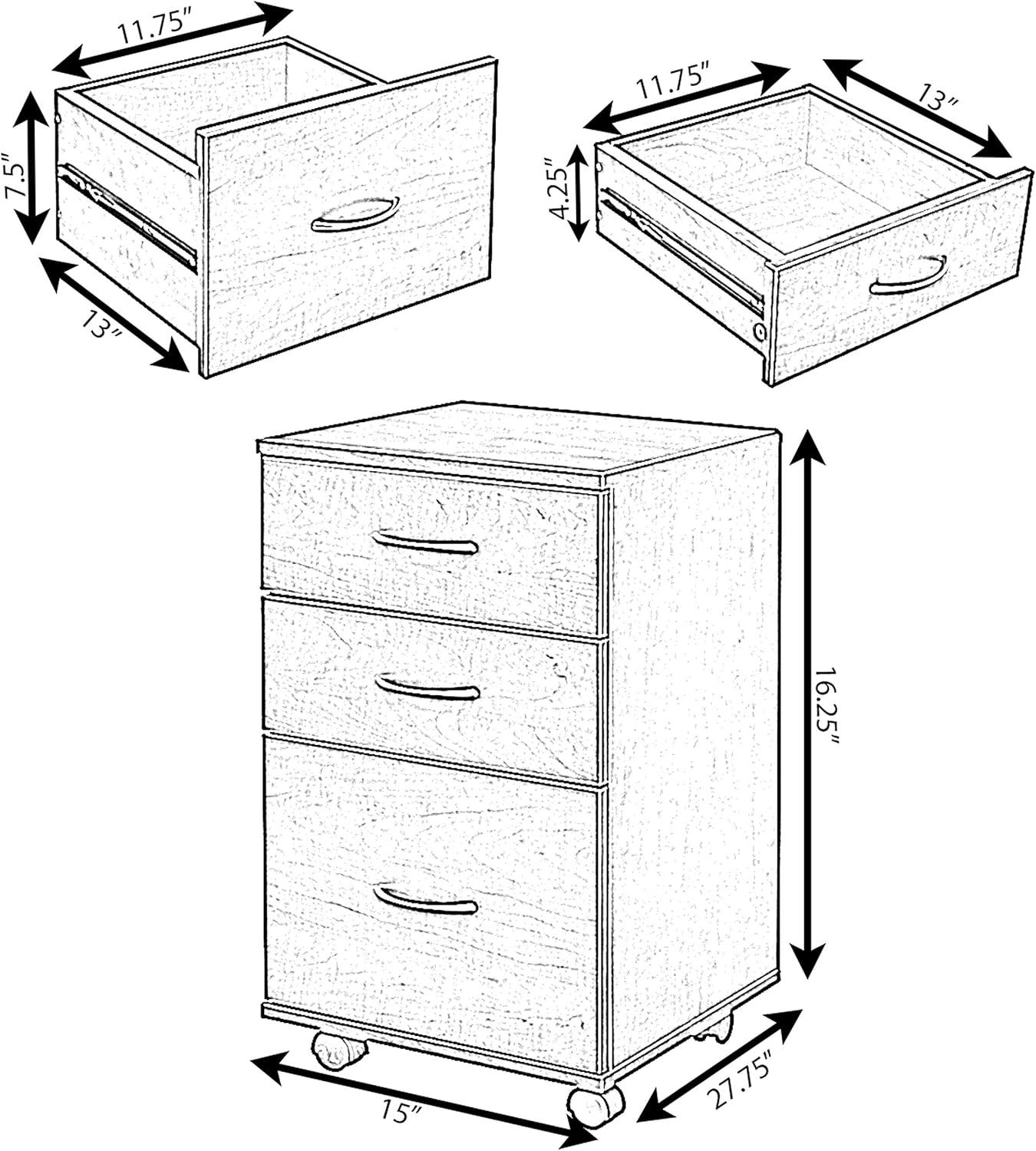 Basicwise 26" Mobile File Organizer Cabinet with 3 Drawers and Rolling Casters - Fits Under Desk for Convenient Storage of Letters and Documents