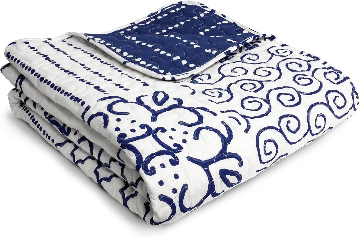 Monique Blue and White Cotton Reversible Throw Blanket