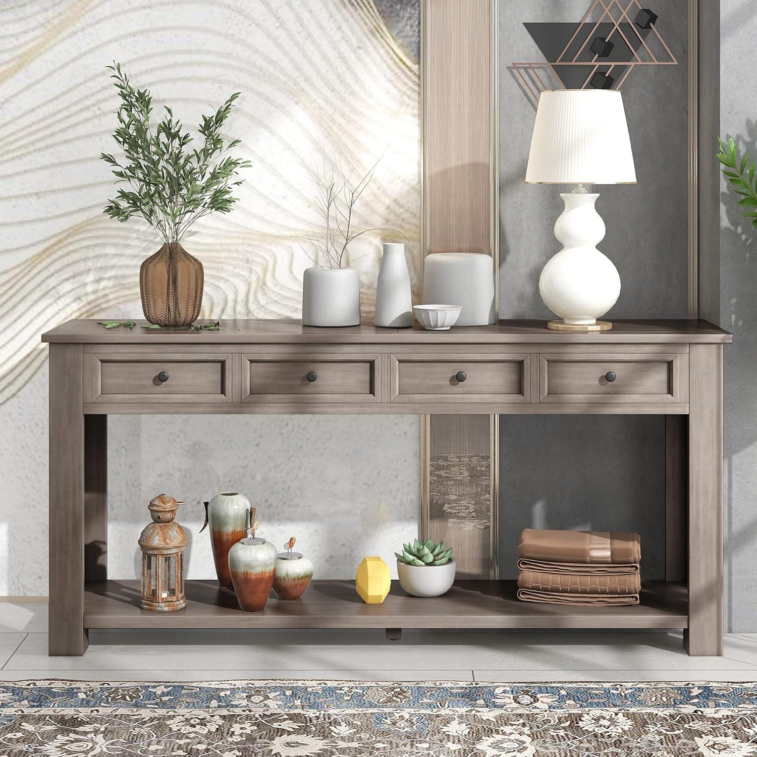 Console Table Hallway Sofa Entryway Side Table 63" Long Furniture with 4 Drawers and Bottom Shelf for Living Room Home Decor (Gray Wash)