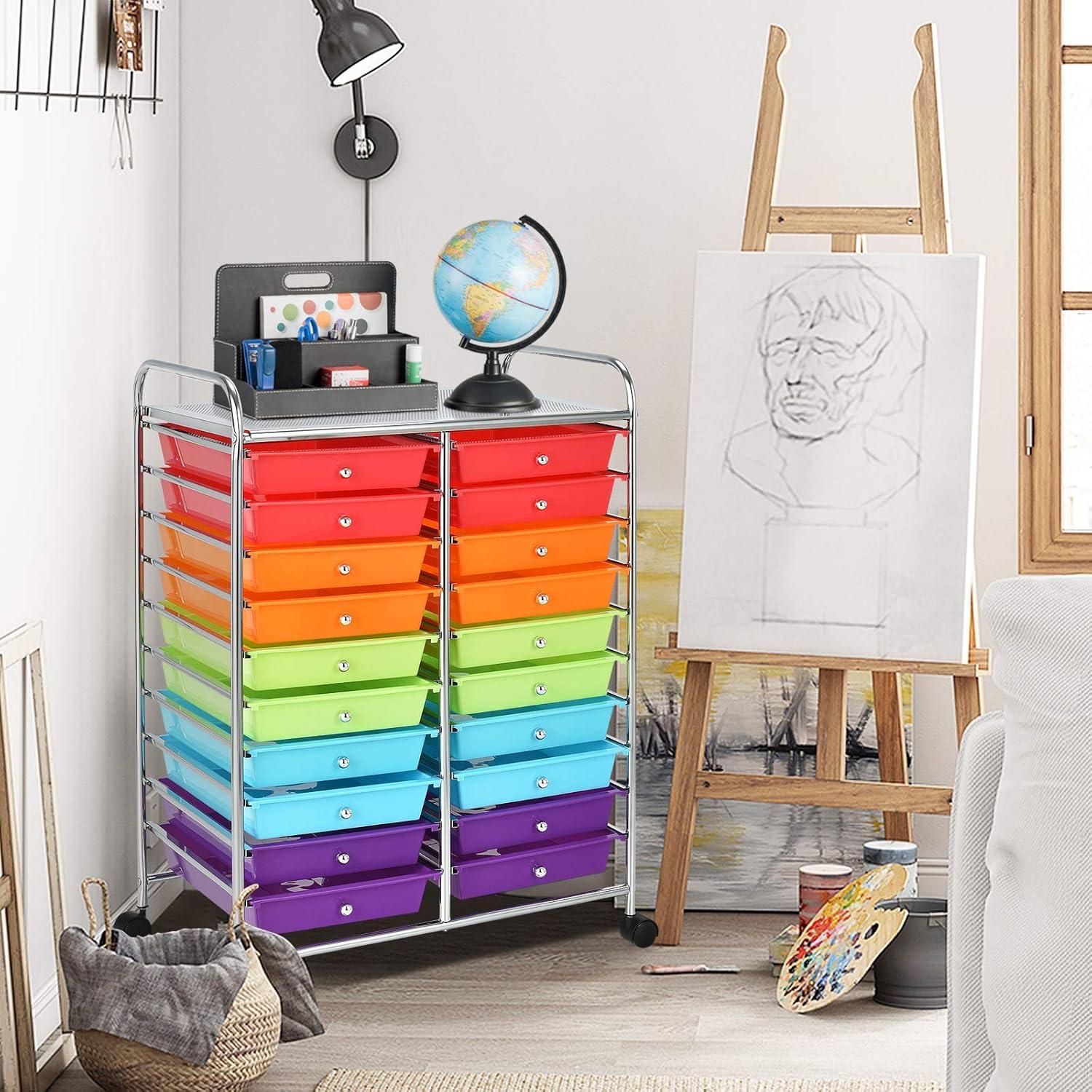 20-Drawer Organizer Cart Tools, Mobile Utility Storage Cart with Detachable Drawers & Lockable Wheels, Rolling Storage Cart with wheels for Home Office School(Multicolor)