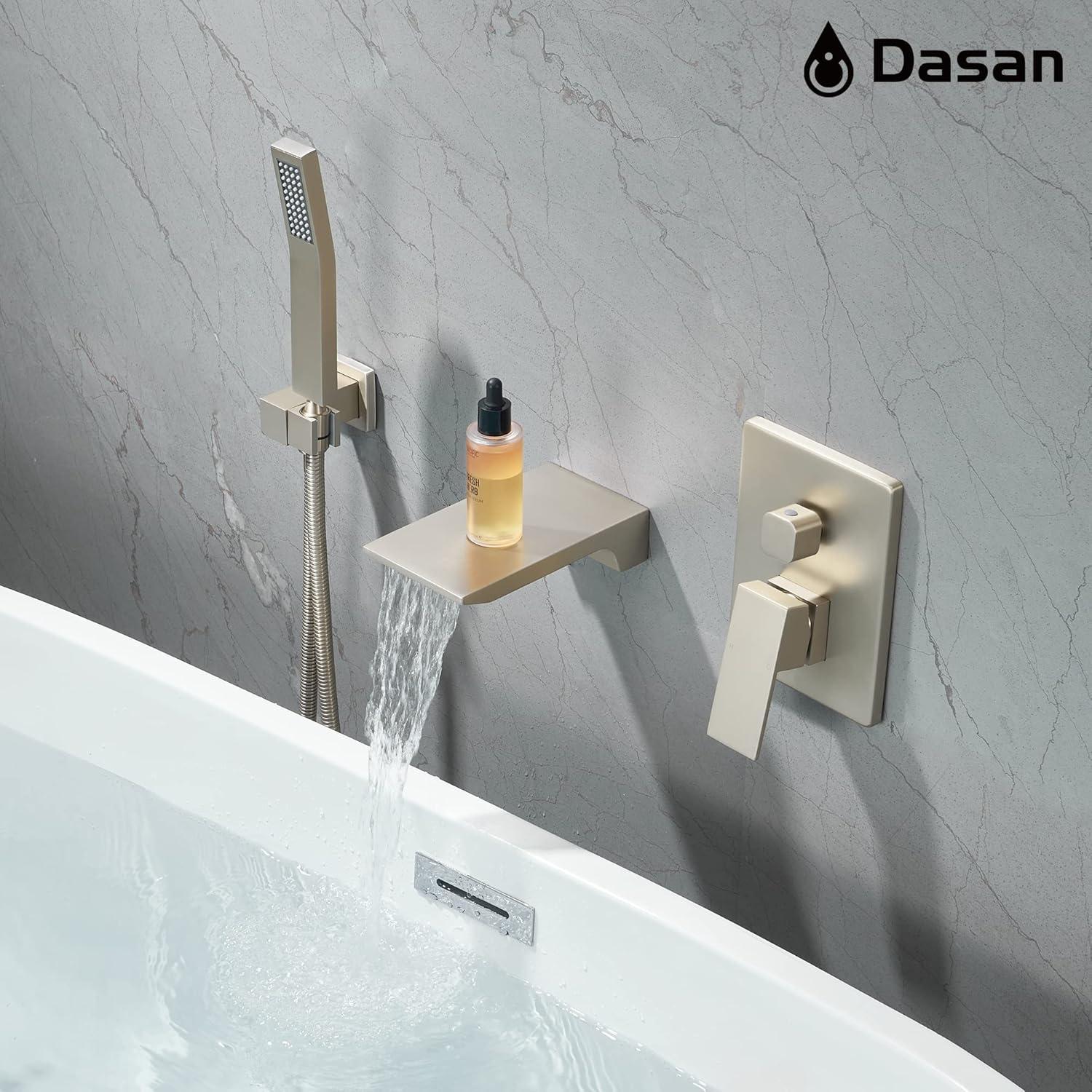 Airuida Wall Mount Tub Faucet with Waterfall Tub Spout Wall Mounted Bathtub Faucet with Handheld Shower Single Handle Tub Filler Shower Faucet Set with Rough-in valve Straight Spout Matte Black