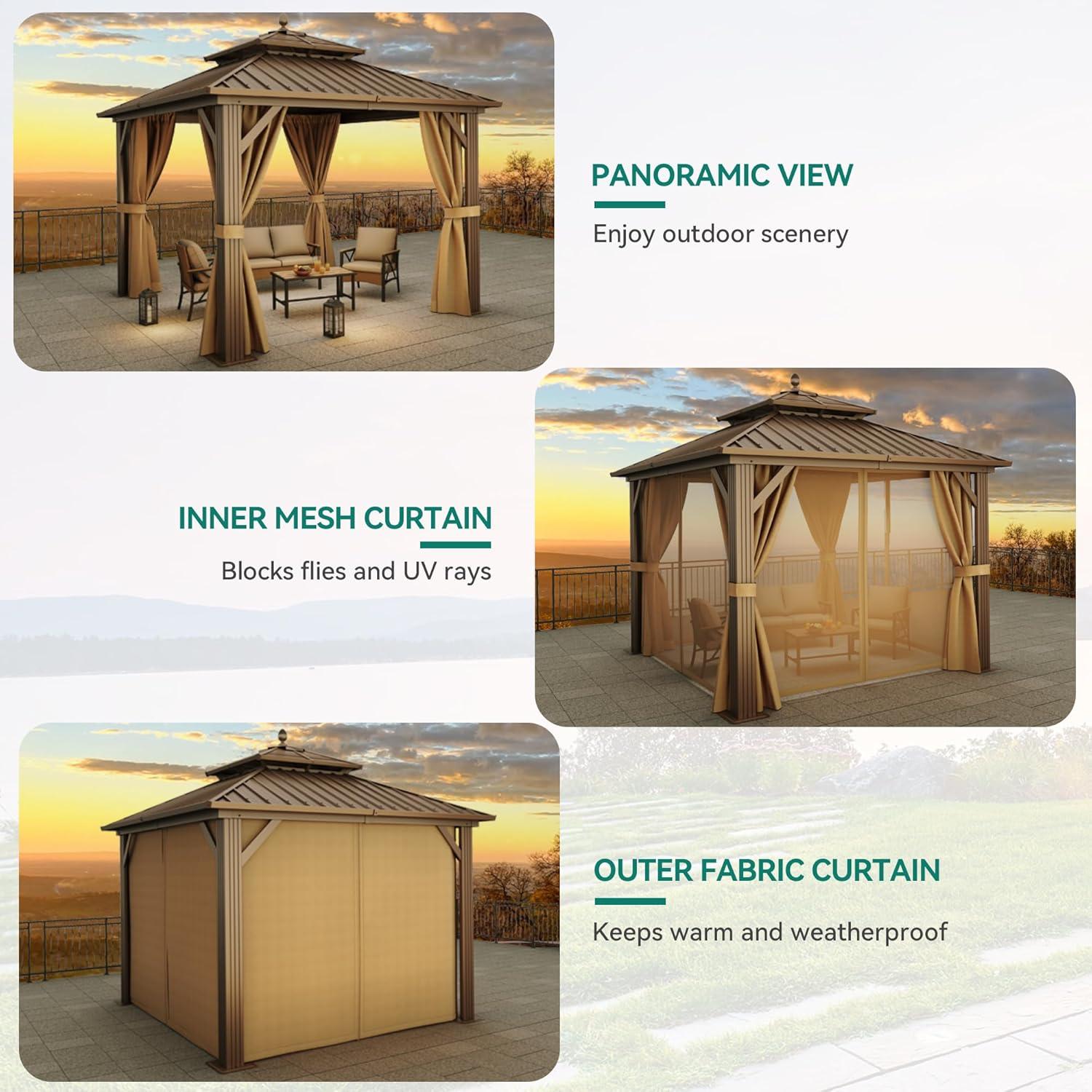 Dextrus 10' x 10' Double Roof Hardtop Gazebo, Galvanized Steel with Netting and Curtains