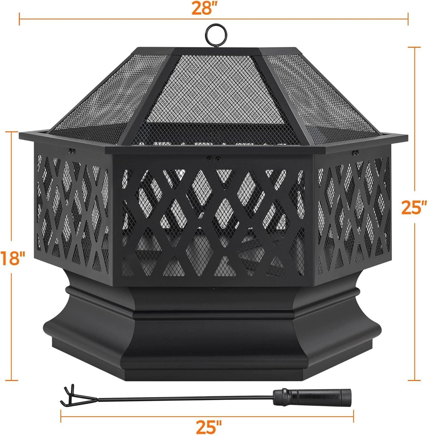 Hexagon Black Metal 28" Fire Pit with Mesh Lid and Poker