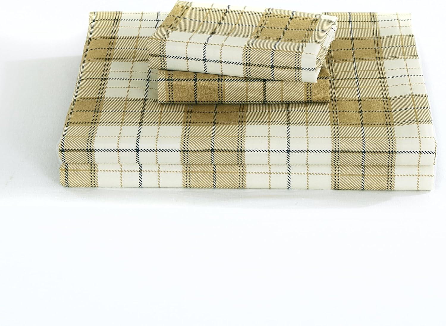 Chezmoi Collection 3-Piece Lodge Plaid Sheet Set Twin Size, Tan Beige Blue Plaid Stripe Printed Brushed Microfiber Lightweight Breathable Deep Pocket Bed Sheets