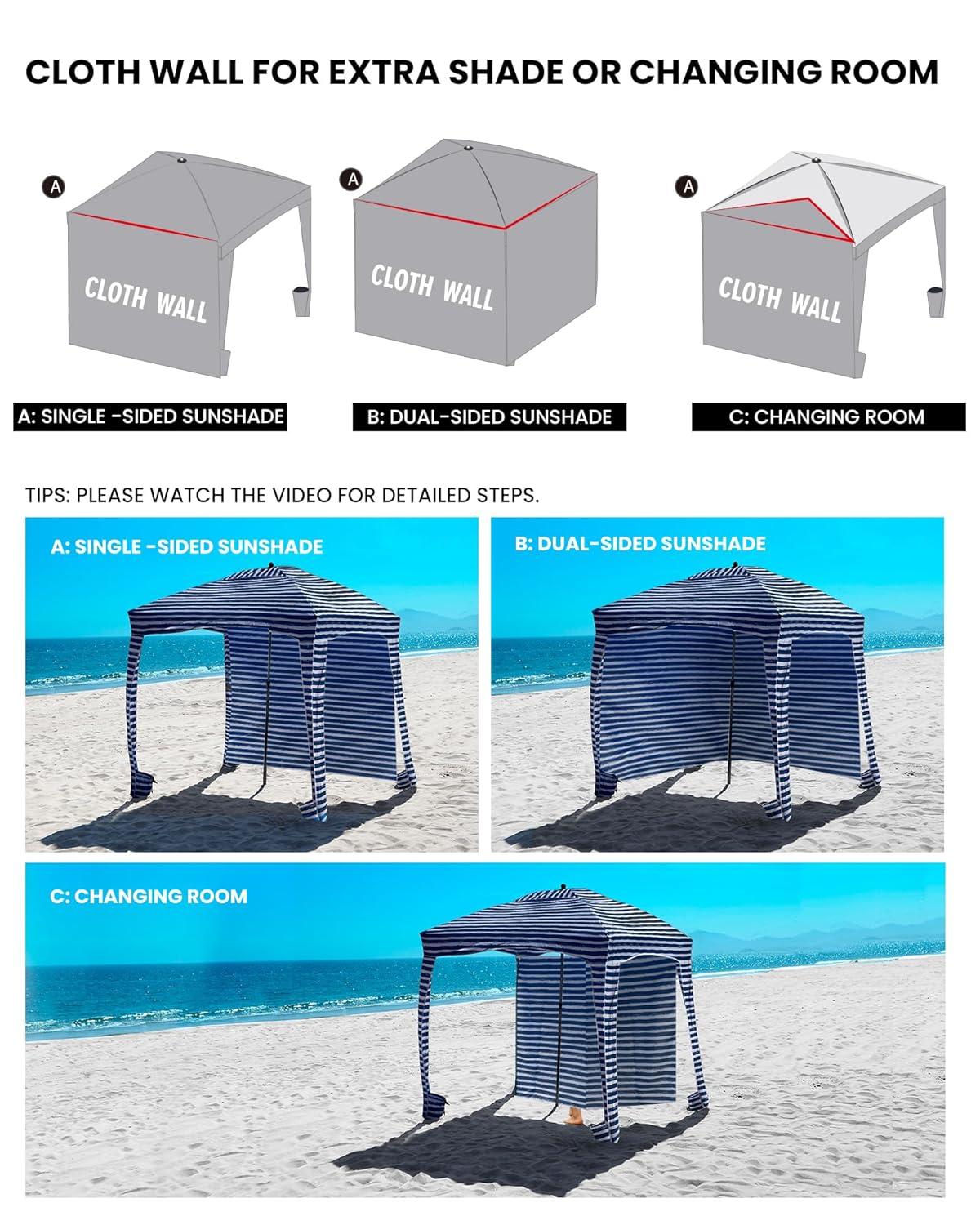 Qipi Beach Cabana - Easy to Set Up Canopy, Waterproof, Portable 6' x 6' Beach Shelter, Included Side Wall, Shade with UPF 50+ UV Protection for Kids, Family & Friends