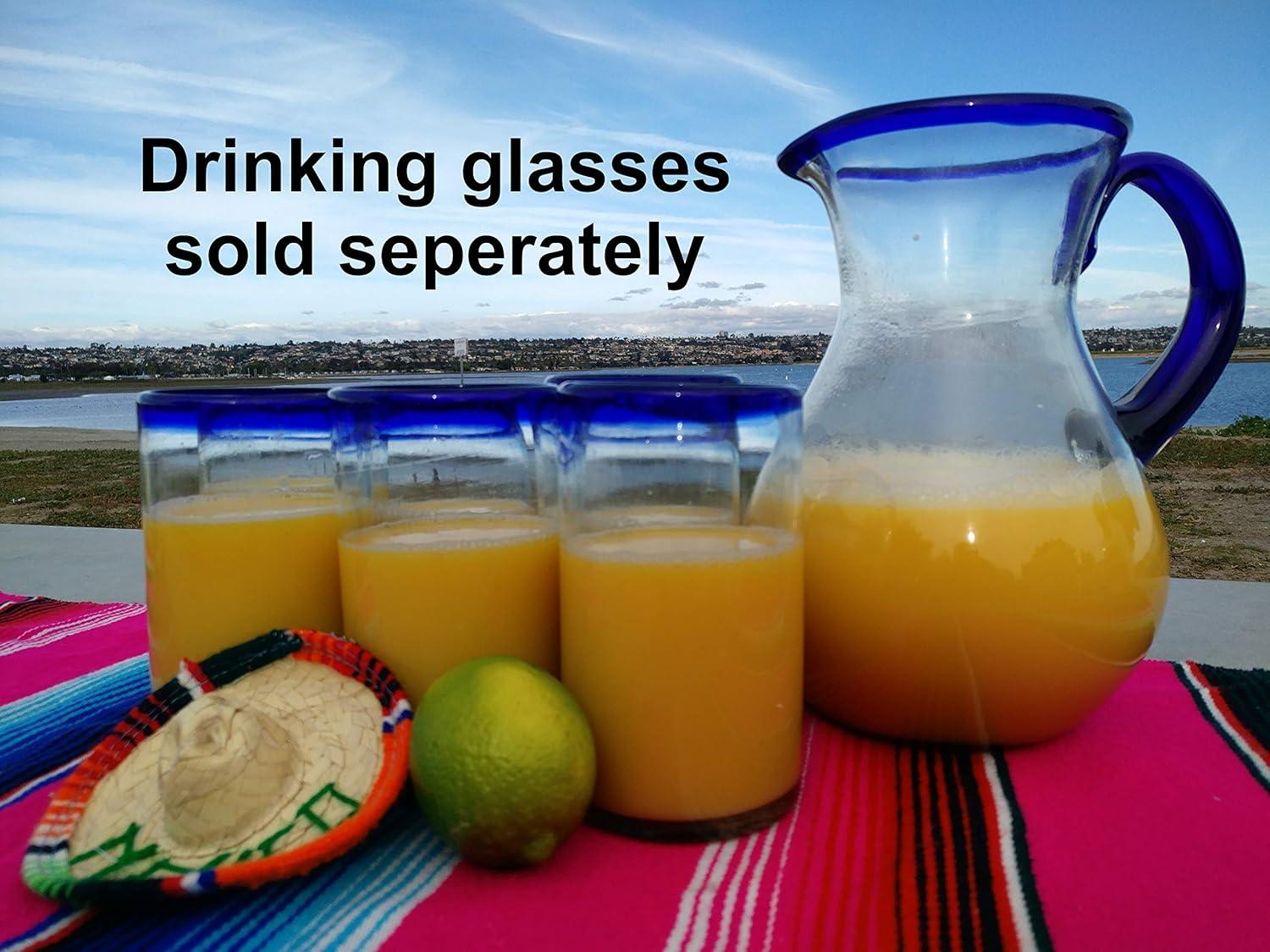 Dos Sueños Mexican Hand Blown  Pitcher - Blue Rim - 84oz -