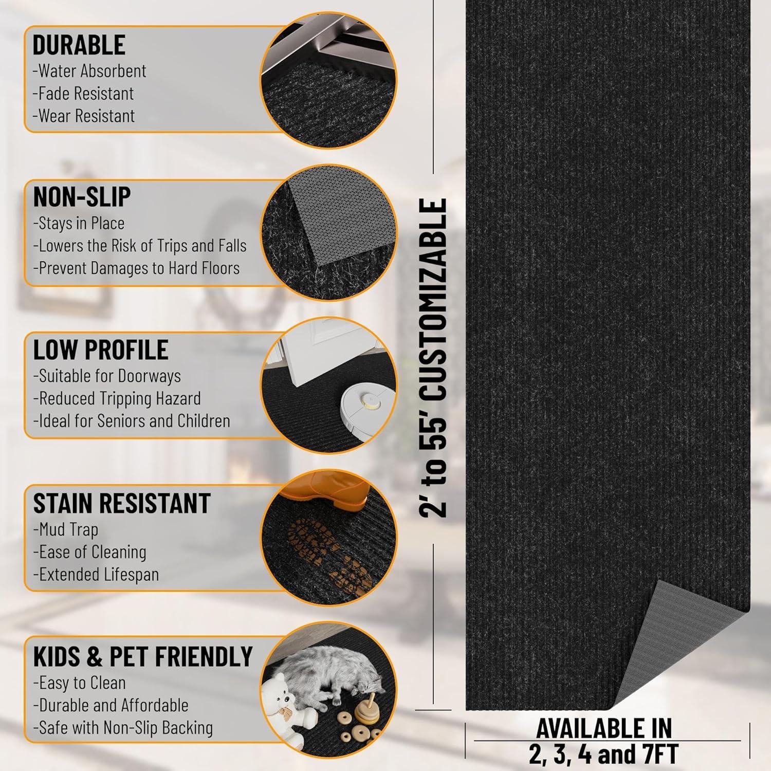 Sweet Home Stores Custom Size Waterproof Non-Slip Rubberback 3x25 Indoor/Outdoor Utility Runner Rug, 2'7" x 25', Black