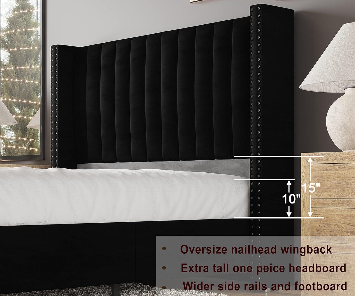 Jocisland Bed Frame Queen Size Upholstered Bed Wingback Headborad Velvet Channel Tufted/No Box Spring Needed/Black