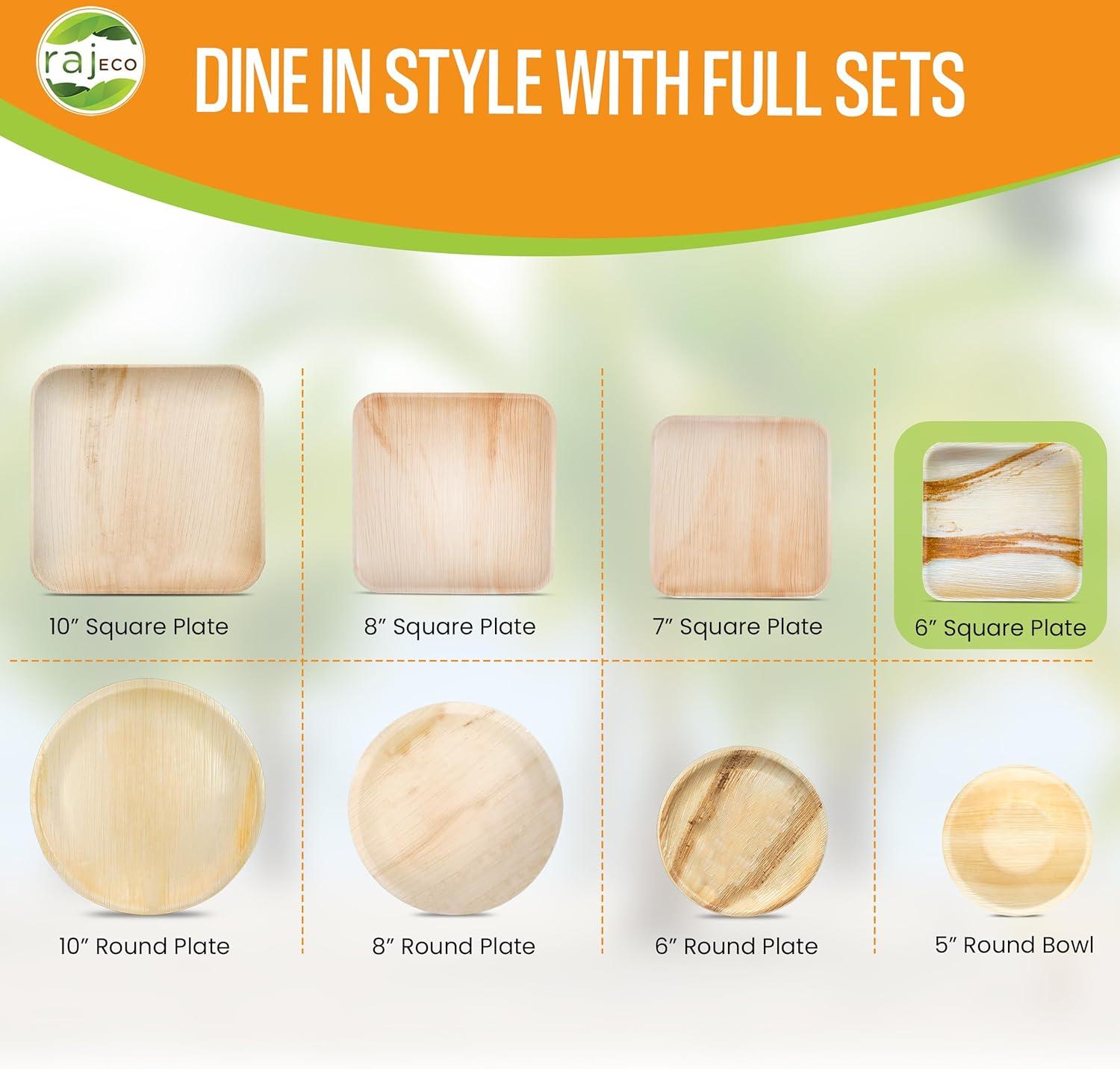 Raj Eco Compostable Palm Leaf Plates Like Bamboo Plates Disposable - 6 Inch Square 50 Party Plate, Natural Wooden, Eco-Friendly, Fancy Biodegradable & Disposable Dessert Appetizer Plate