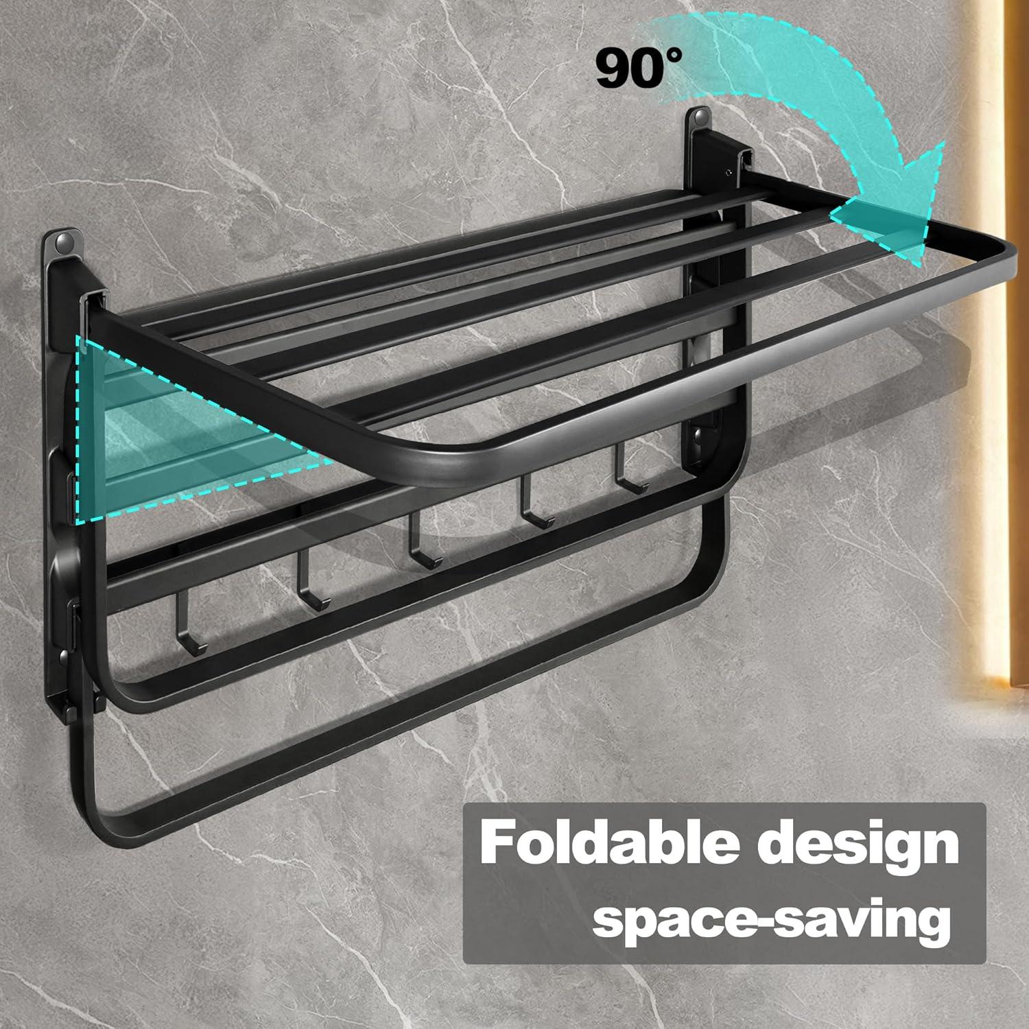 VOLDRA Towel Racks for Bathroom, 24-Inch Towel Shelf with Towel Bar Foldable Towel Holder with 7 Hooks Towel Storage Organizer for Bathroom & Lavatory Wall Mounted(Matte Black)