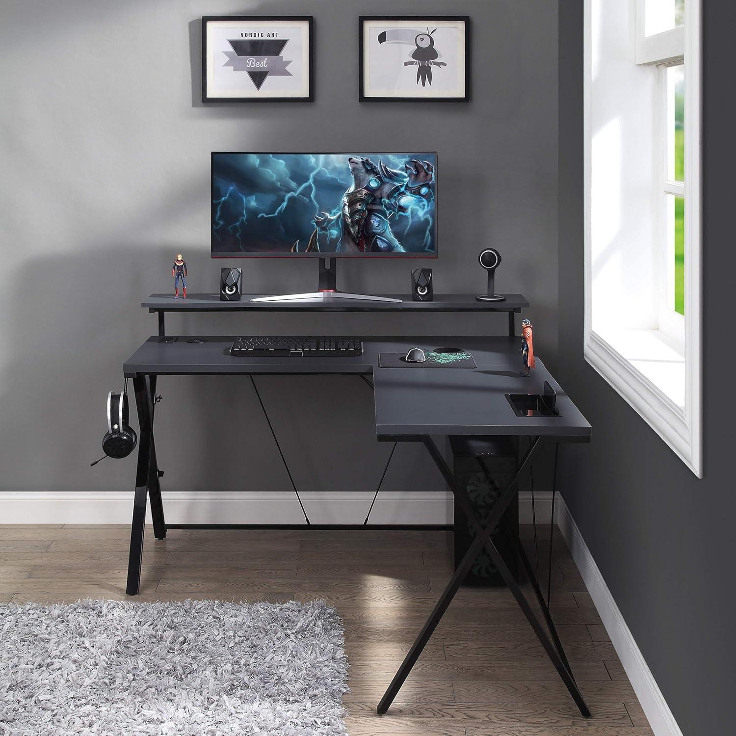 OSP Home Furnishings Checkpoint Battlestation L shaped Gaming Desk with RGB LED Lights