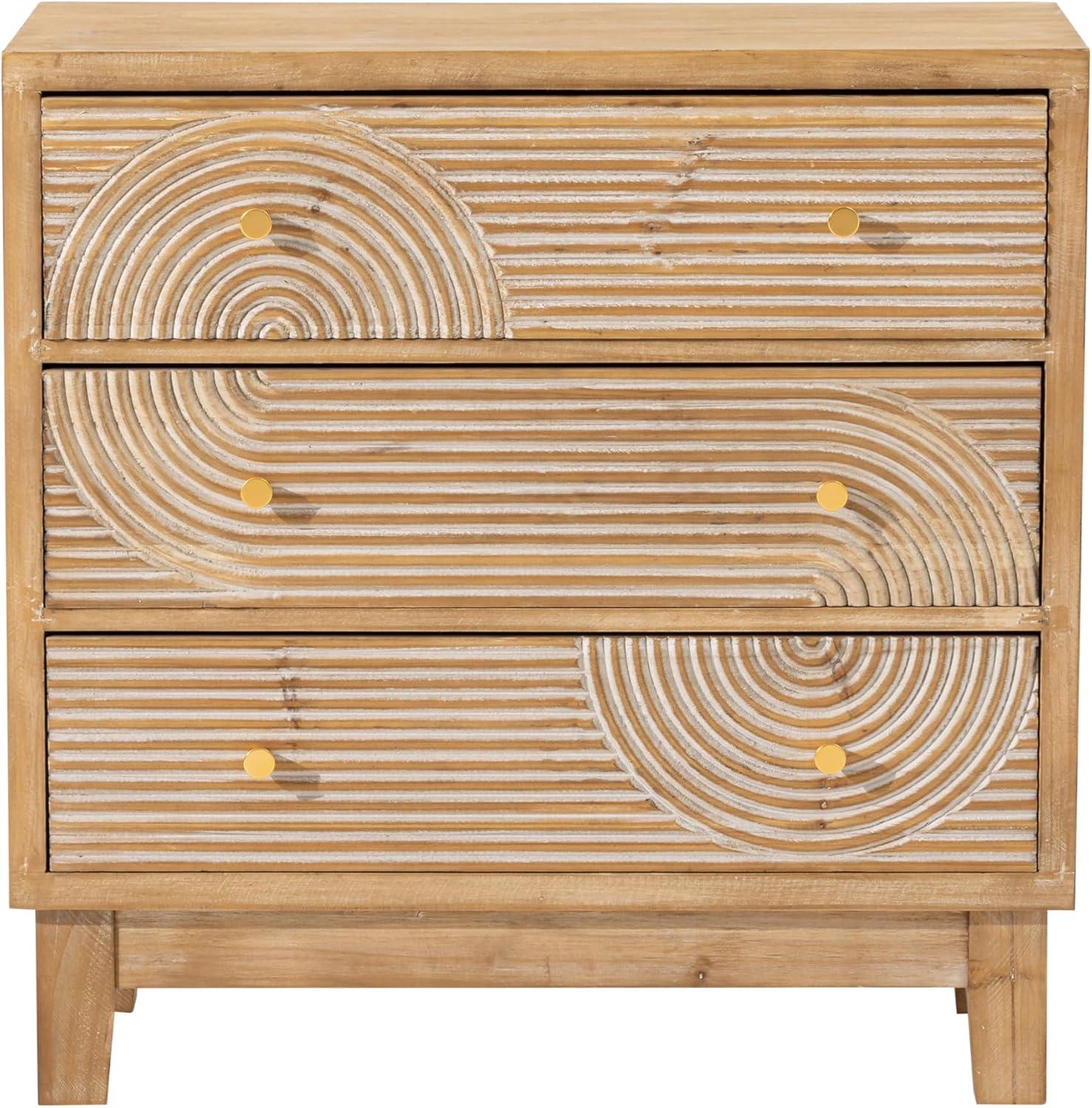 COZAYH 3-Drawer Farmhouse Dresser with Handicraft Wood Ring Motif, Fully Assembled Nightstand Wooden Finish for Boho, Mid-century, Rustic Style, Natural Wood