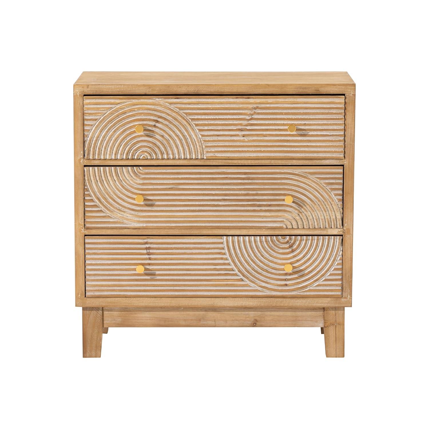COZAYH 3-Drawer Farmhouse Dresser with Handicraft Wood Ring Motif, Fully Assembled Nightstand Wooden Finish for Boho, Mid-century, Rustic Style, Natural Wood