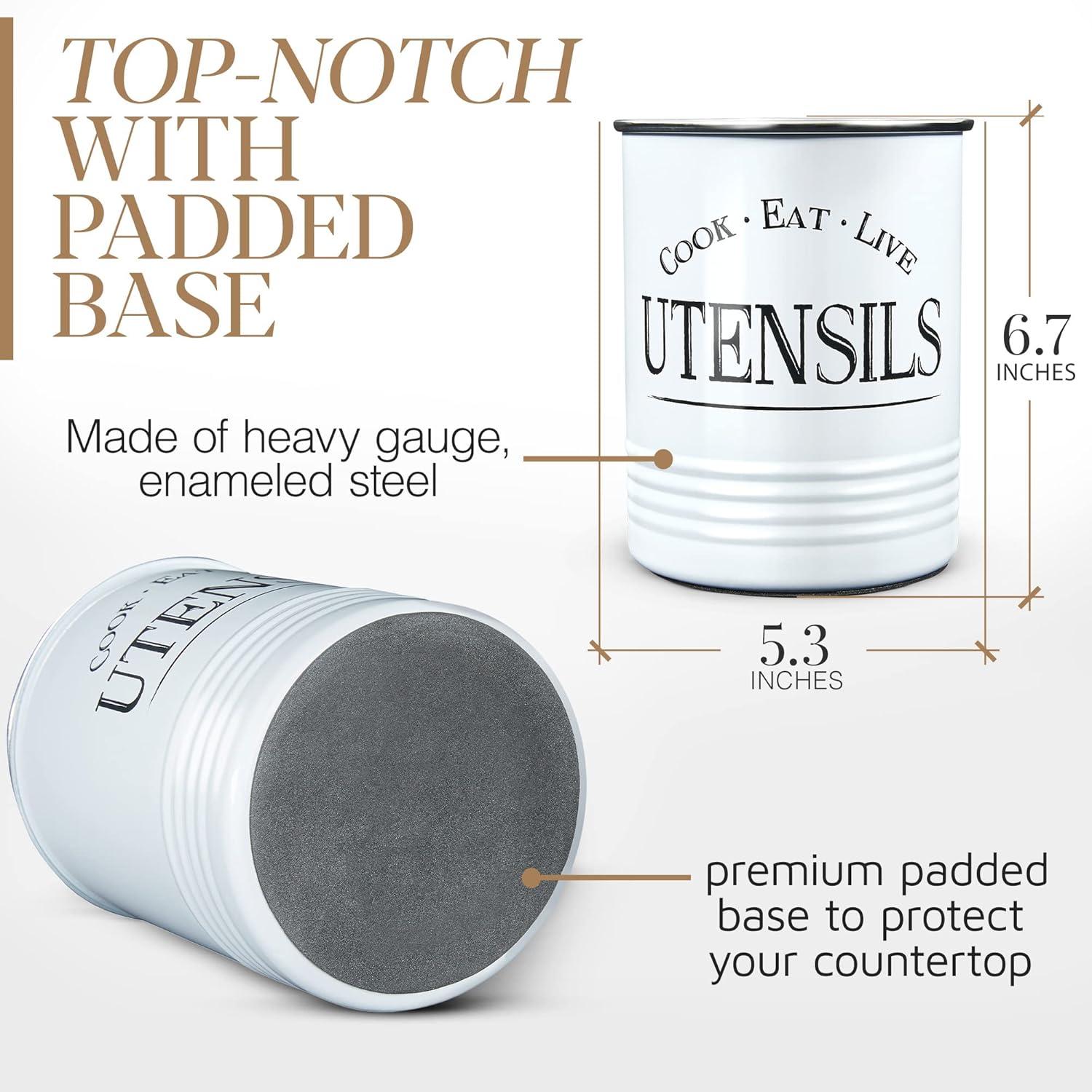 Walford Home Farmhouse Kitchen Utensil Holder Crock, White Steel and Premium Padded Base