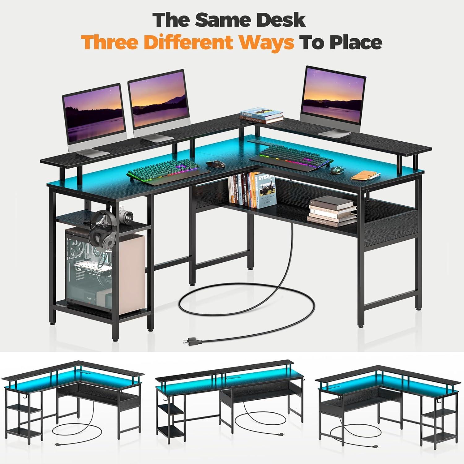 Killeryuki Computer Desk L Shaped 56.7" with LED Lights and Power Outlets, Reversible L Shaped Gaming Desk with Monitor Stand, Home Office Desk with Storage, Desk with USB Port and Hook, Black