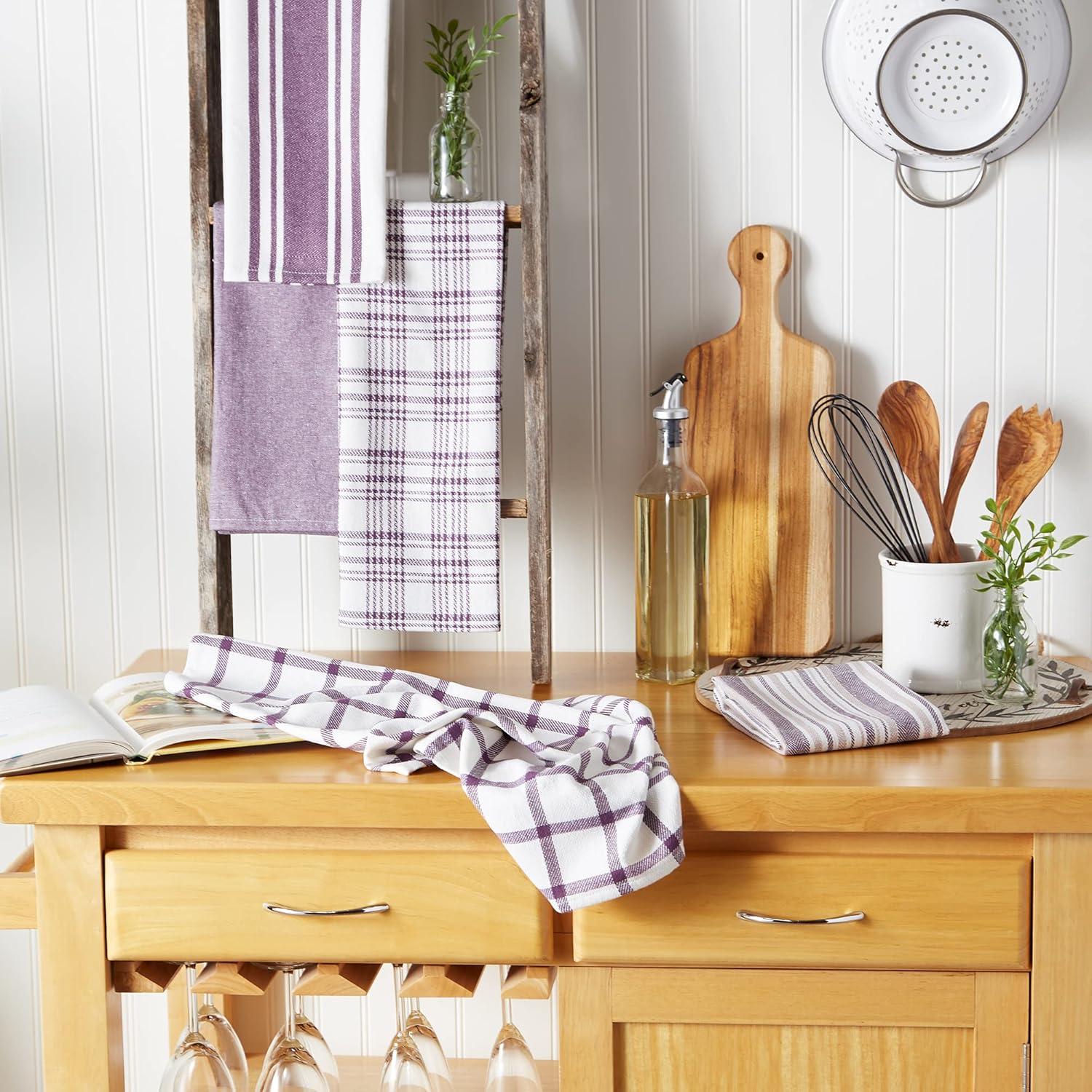 Eggplant Woven Dishtowels, Assorted Design - Set of 5