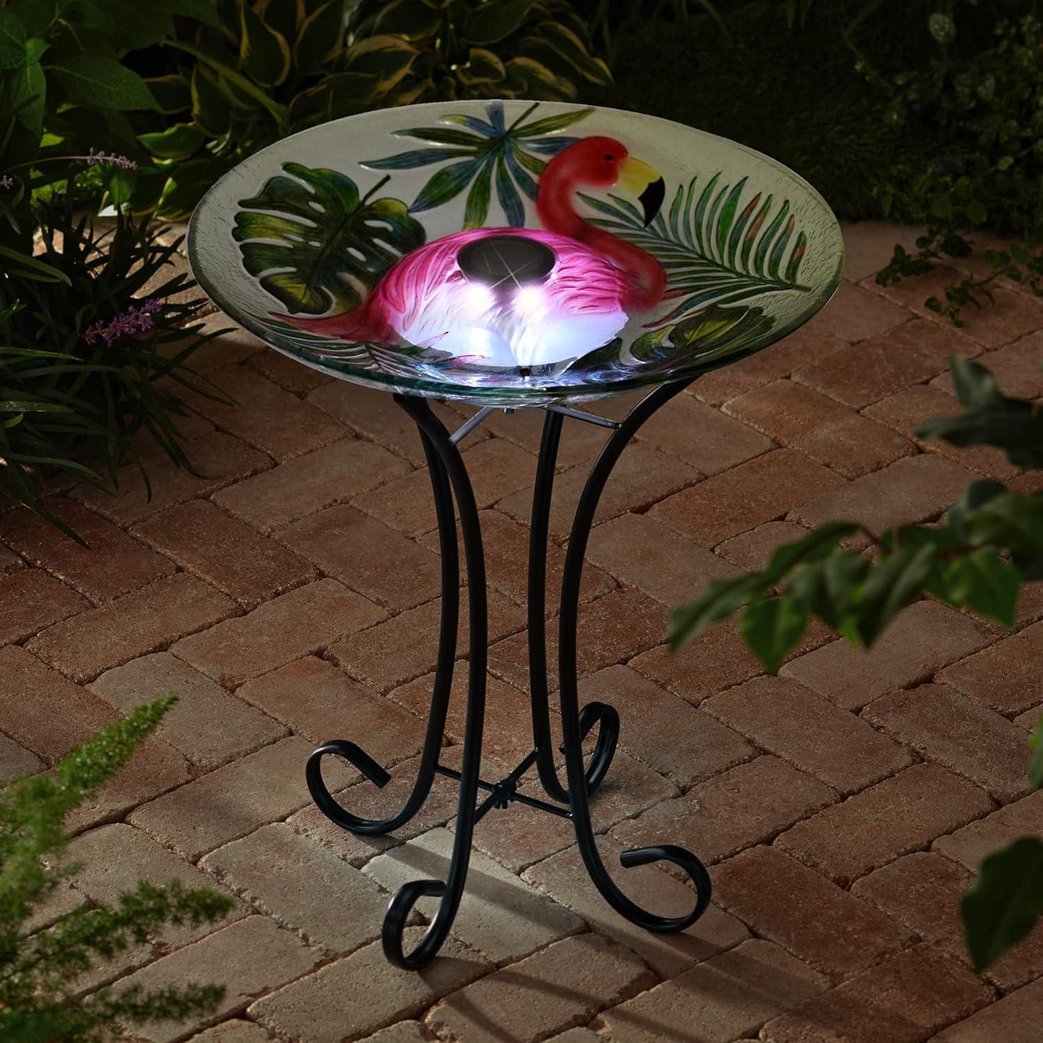 Hi-Line Gift Ltd. Solar LED Verdant Glass Bird Bath with Stand - Flamingo