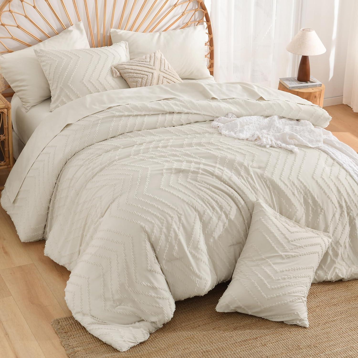 Beige Tufted Boho Queen Comforter Set with Pom Pom Accents