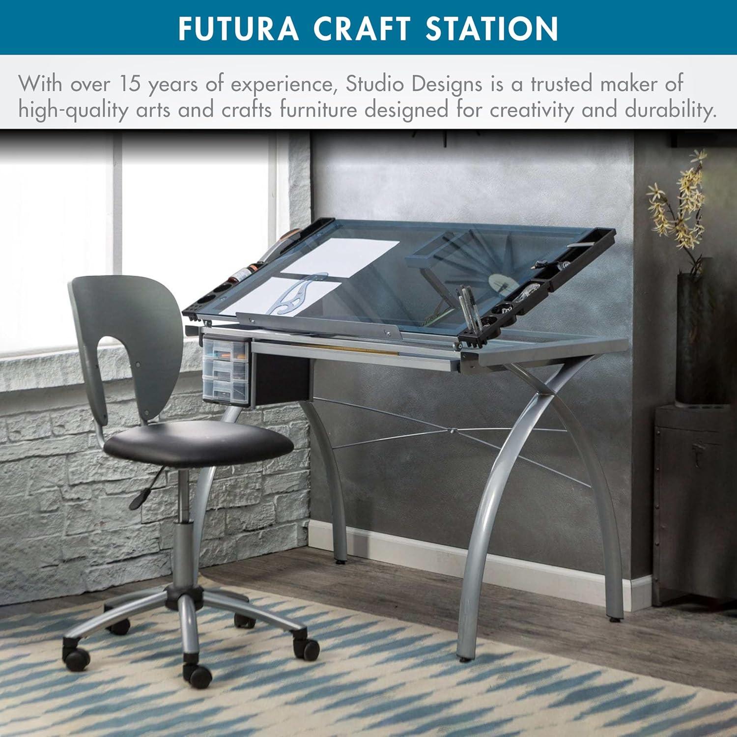 Studio Designs Futura Crafting, Drafting, Drawing Table with Adjustable Top, Silver/Blue Glass- Height 31.50 in.