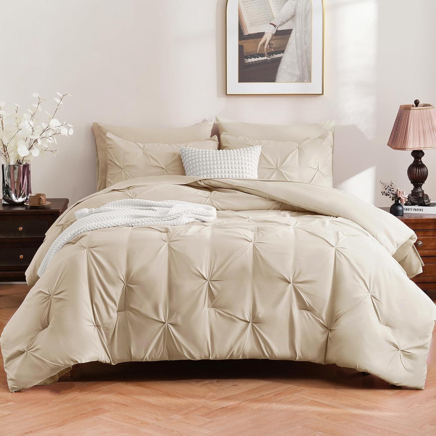 CozyLux Beige Comforter Set Queen 7 Pieces Bed in A Bag Cream Off White Pintuck Comforters Queen Size Pinch Pleat Bedding Sets with All Season Comforter, Flat Sheet, Fitted Sheet and Pillowcases&Shams