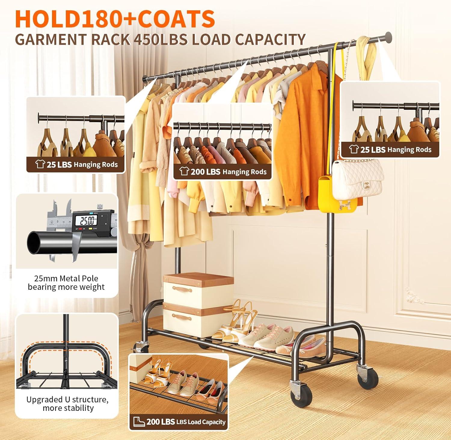 450 lbs Heavy Duty Clothing Garment Rack with Wheels