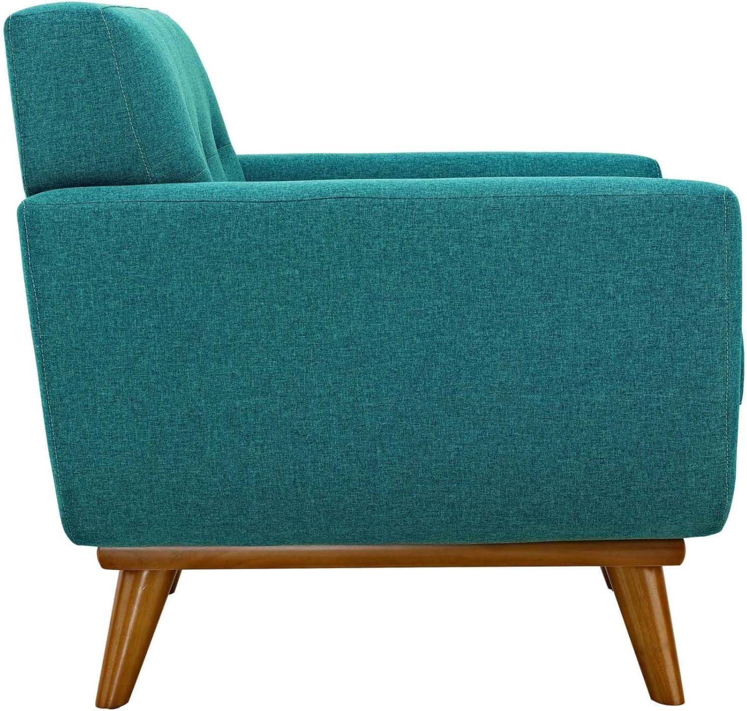 Teal Blue Plush Fabric Accent Armchair with Cherry Wood Legs