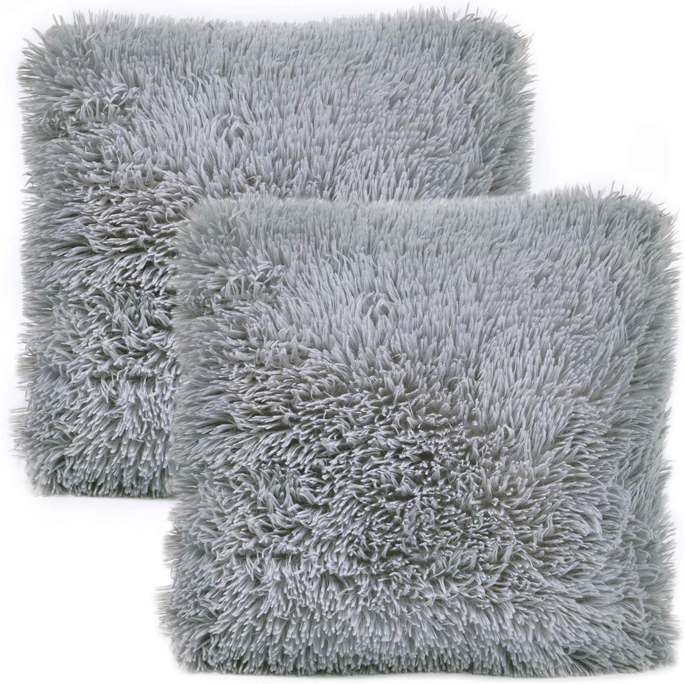 Juvale Set of 2 Gray Faux Fur Decorative Throw Pillow Covers Cushion Cases for Couch Sofa, Fuzzy Home Decor, 18x18 in