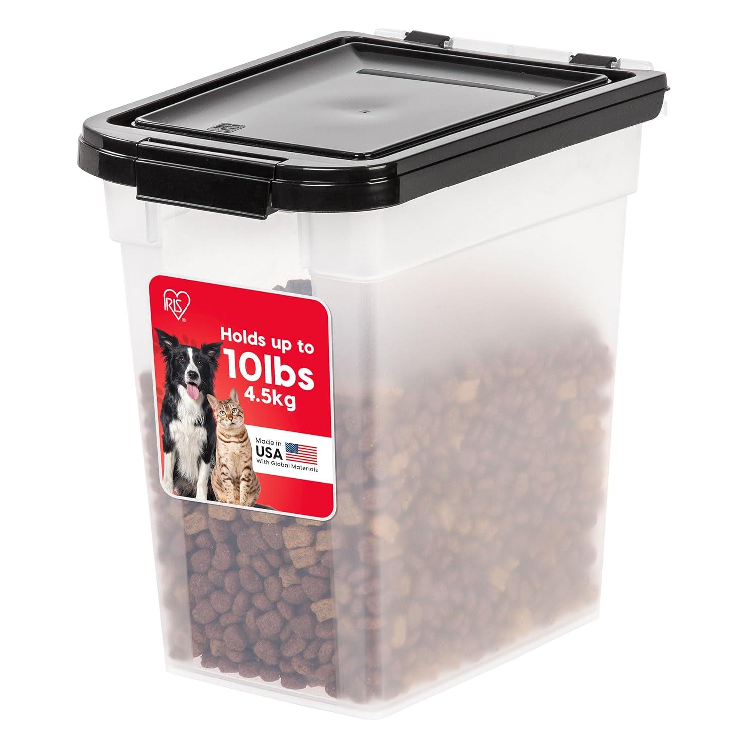 IRIS USA 10 Lbs / 12.75 Qt WeatherPro Airtight Pet Food Storage Container, Clear/Black