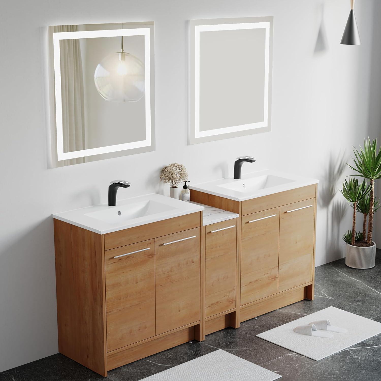 Natural Oak Freestanding Bathroom Vanity with Ceramic Sink, 24 Inch