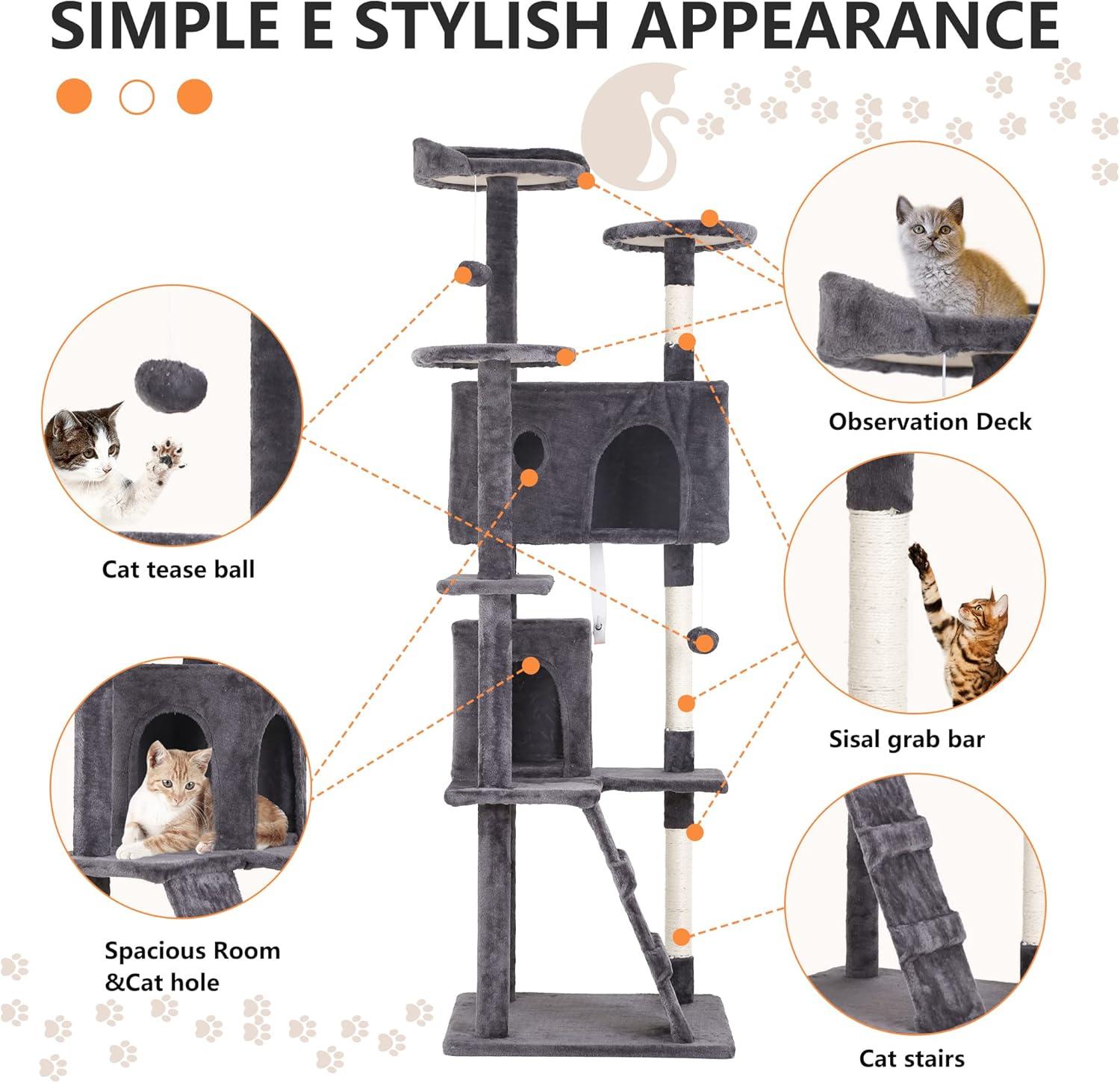 Tucker Murphy Pet™ 70In Cat Tree Tower For Indoor Cats,Multi-Level, Furniture Activity Center With Scratching Posts Stand House Cat Condo With Funny Toys For Kittens Pet Play House,Dark Gray