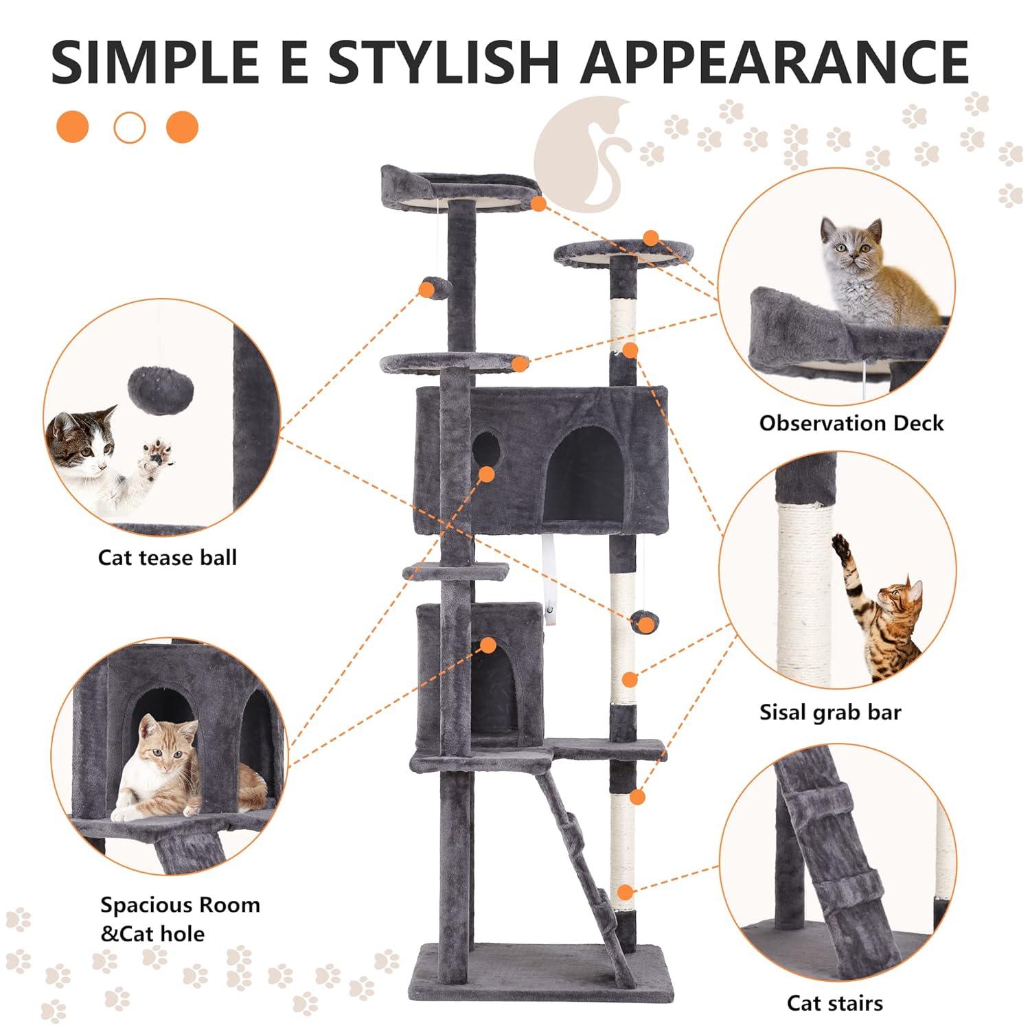 Tucker Murphy Pet™ 70In Cat Tree Tower For Indoor Cats,Multi-Level, Furniture Activity Center With Scratching Posts Stand House Cat Condo With Funny Toys For Kittens Pet Play House,Dark Gray