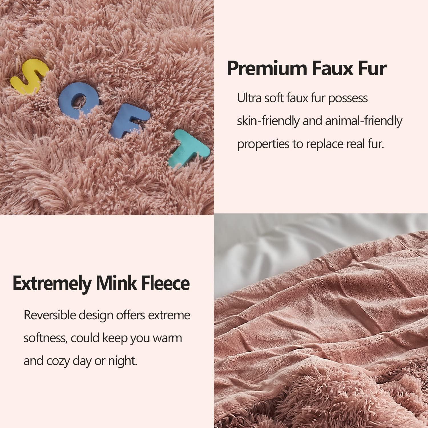 Pink Reversible Faux Fur and Fleece Throw Blanket