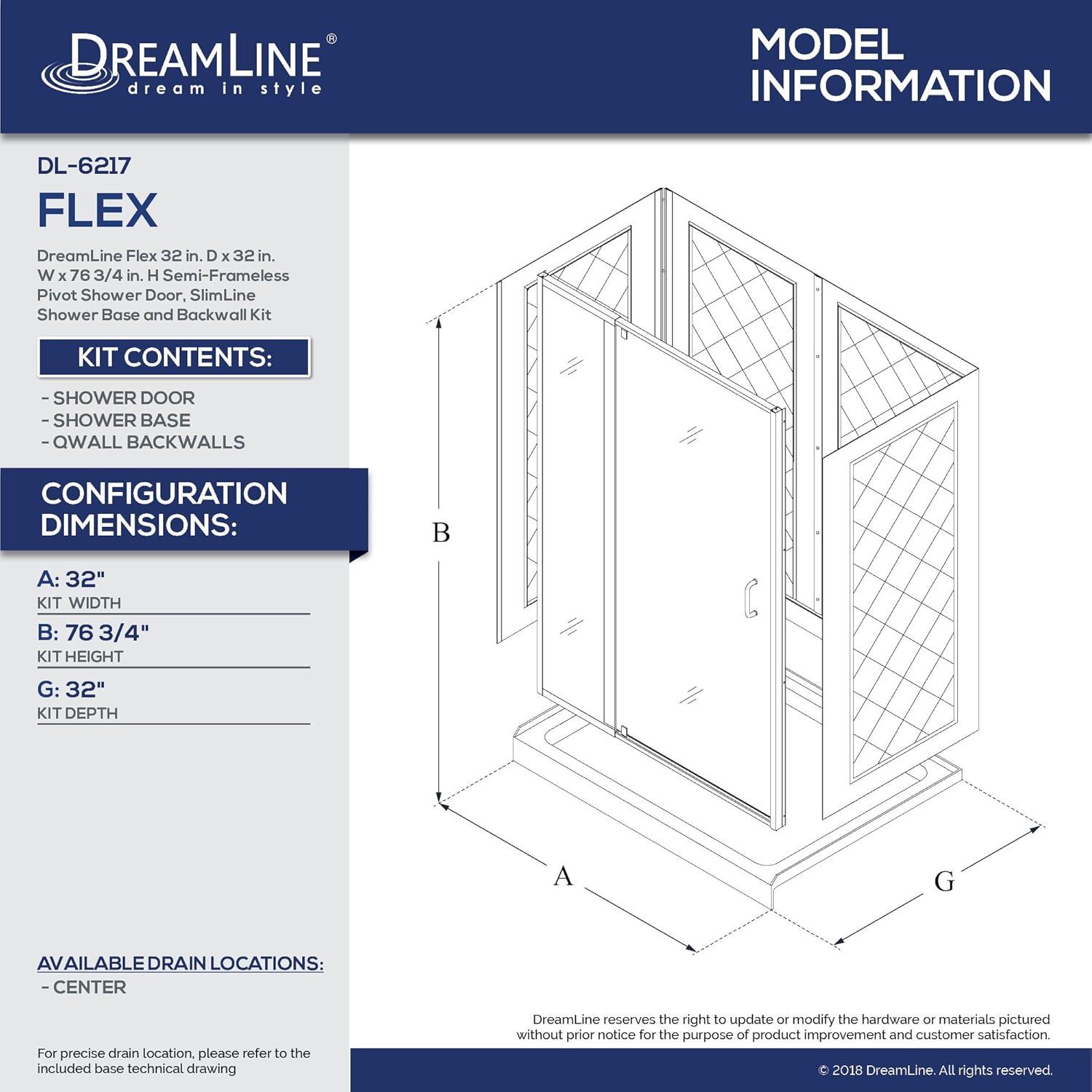 DreamLine Flex 32" x 76.75" Square Pivot Shower Enclosure with Base Included DL-6217C-04CL