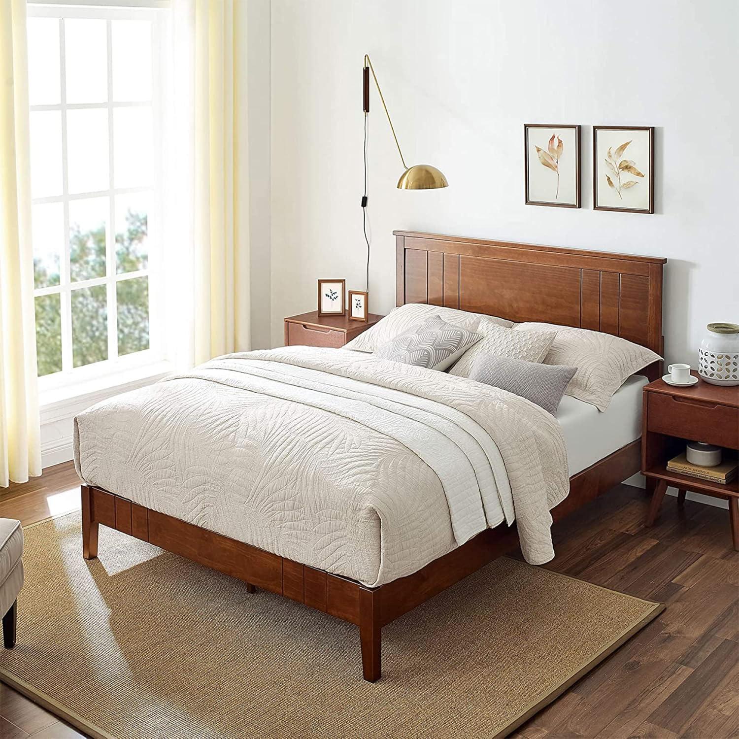 King Mid-Century Modern Pine Platform Bed with Adjustable Headboard