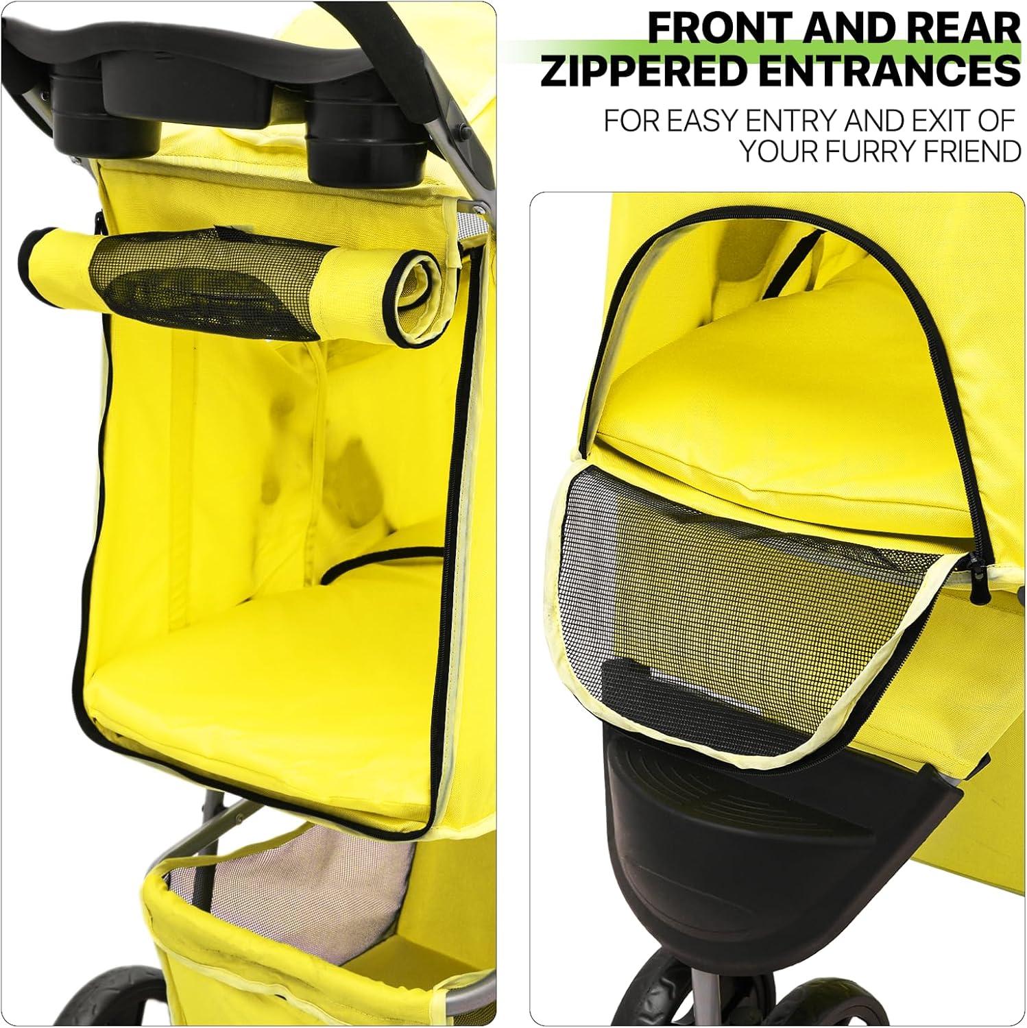 Zengpin 3-Wheel Pet Stroller, Foldable Travel Jogger for Small & Medium Dogs & Cats (Up to 33lbs), Lightweight Carrier with Breathable Mesh Cover, Cup Holder & Storage Basket, Yellow