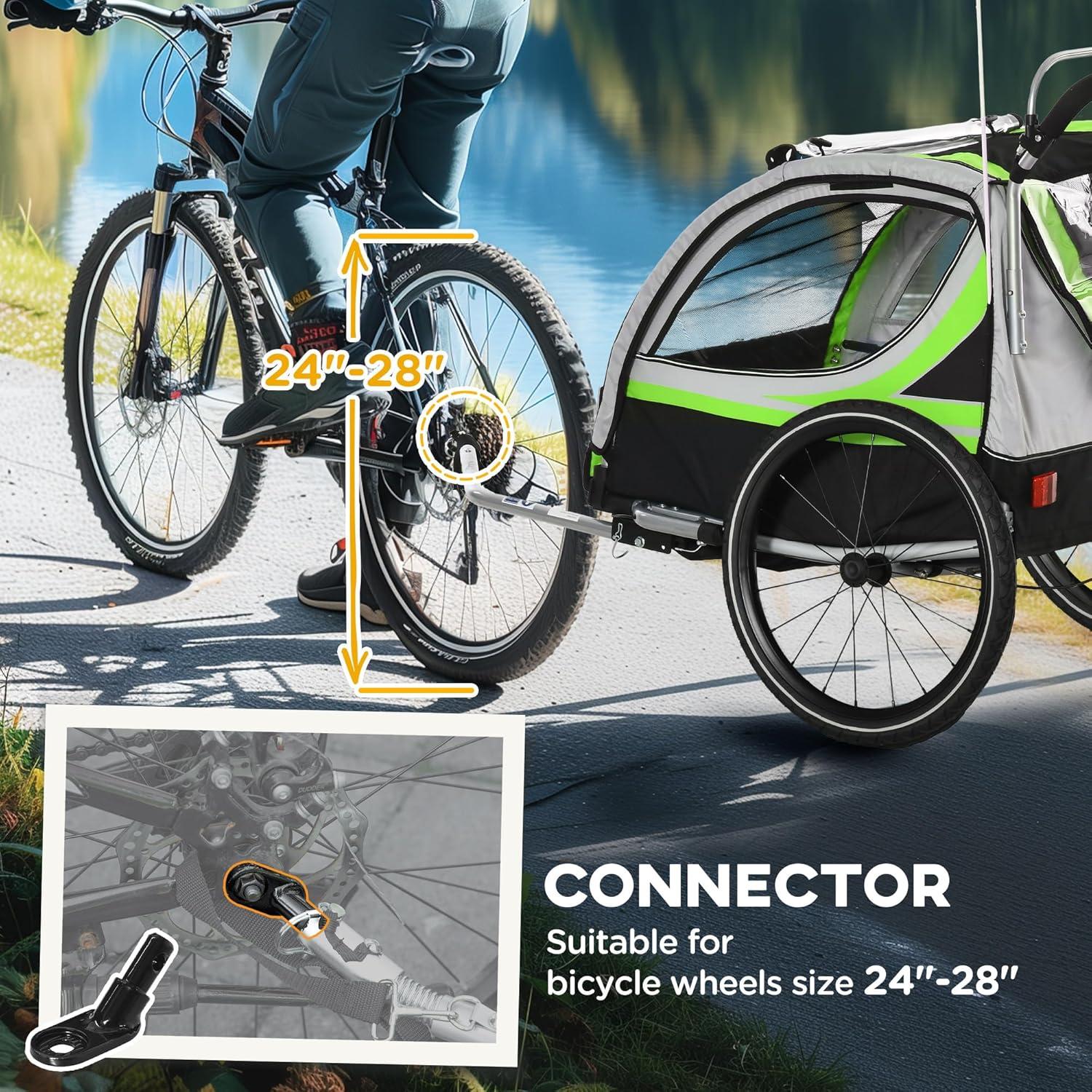 Aosom 2-in-1 Walk/Ride Child Baby Bike Trailer for Kids 2 Seater, High-Visibility Bike Stroller for Toddler Wagon, Weather-Strong Double Bicycle Trailer Accessory for Kids