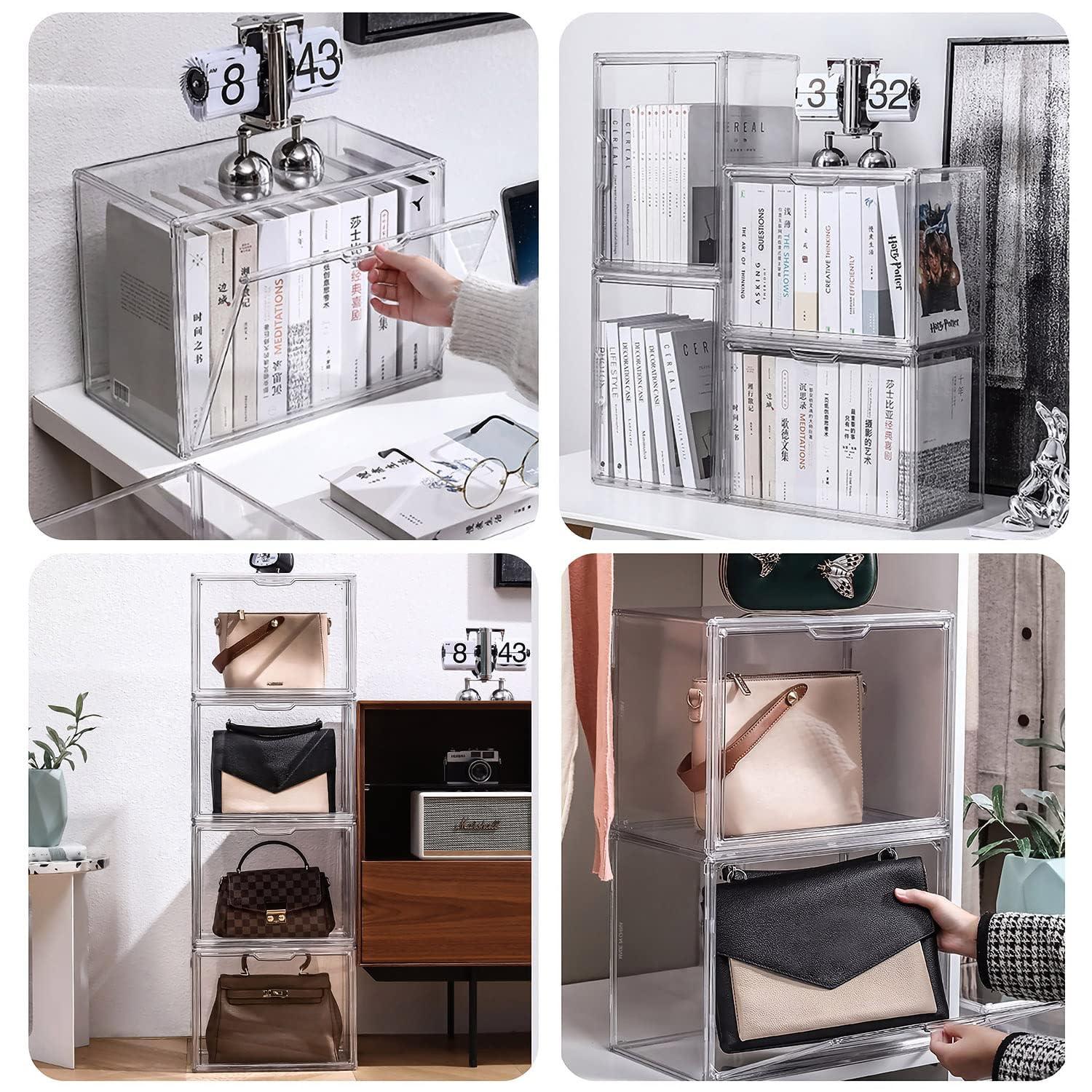 Clear Stackable Plastic Storage Bins with Magnetic Lid, Dustproof Book & Cosmetic Display Cases, Large Figures Collectibles Showcase, Shoe Box, Protection Organizer (Transparent, L-3 Pack)