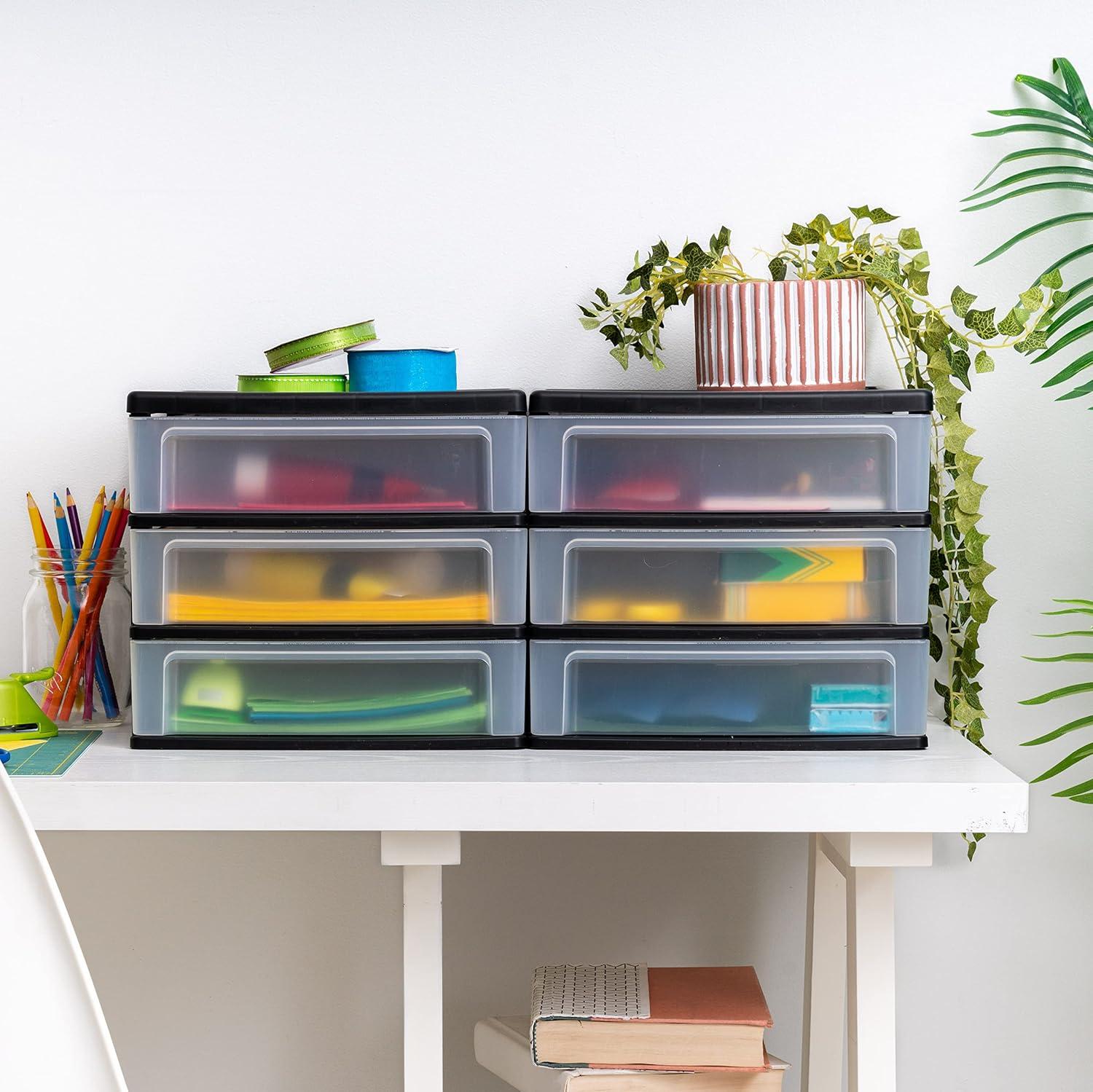 IRIS USA Medium 3-Drawer Stacking Desktop Organizer, 2 Pack, Plastic Drawer Storage Container for Stationery Art Craft Supplies Kitchen Office, Black