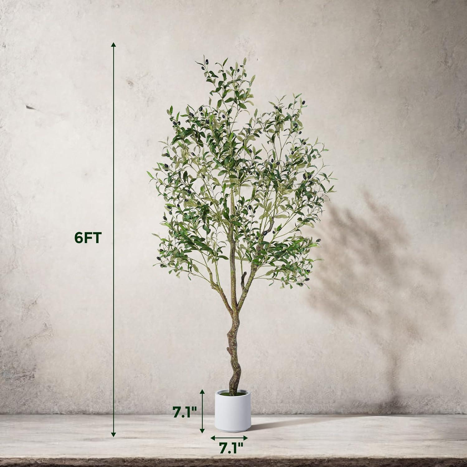 6FT Tall Artificial Olive Tree with Realistic Trunk and Leaves in White Pot