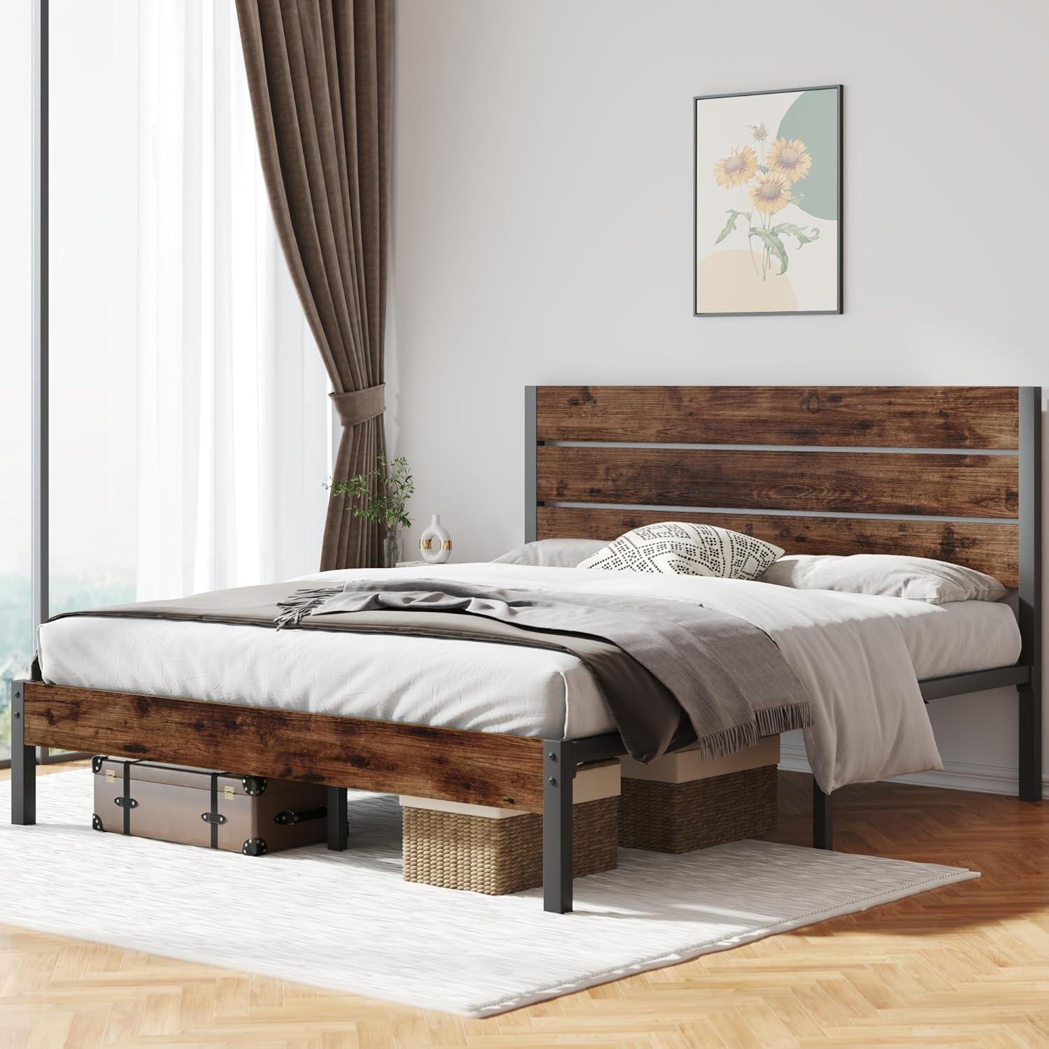 Rustic Brown Queen Metal Bed Frame with Headboard and Slats