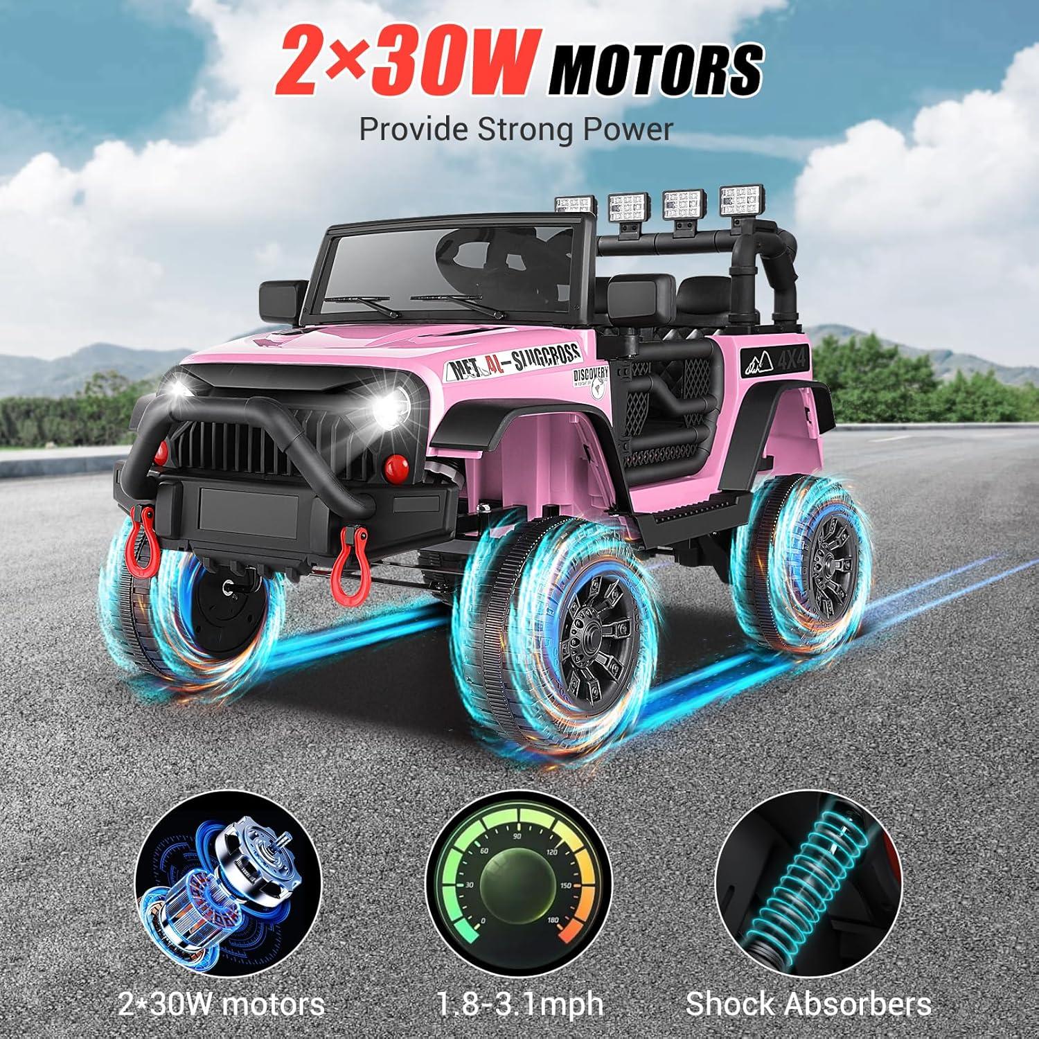 Kids Electric Cars Ride on Jeeps, 12V Ride On Car Truck with Remote Control, Battery Power Car Wheels w/Bluetooth, Music, 3 Speeds, Suspension, Electric Vehicles Toys for Girls, Pink