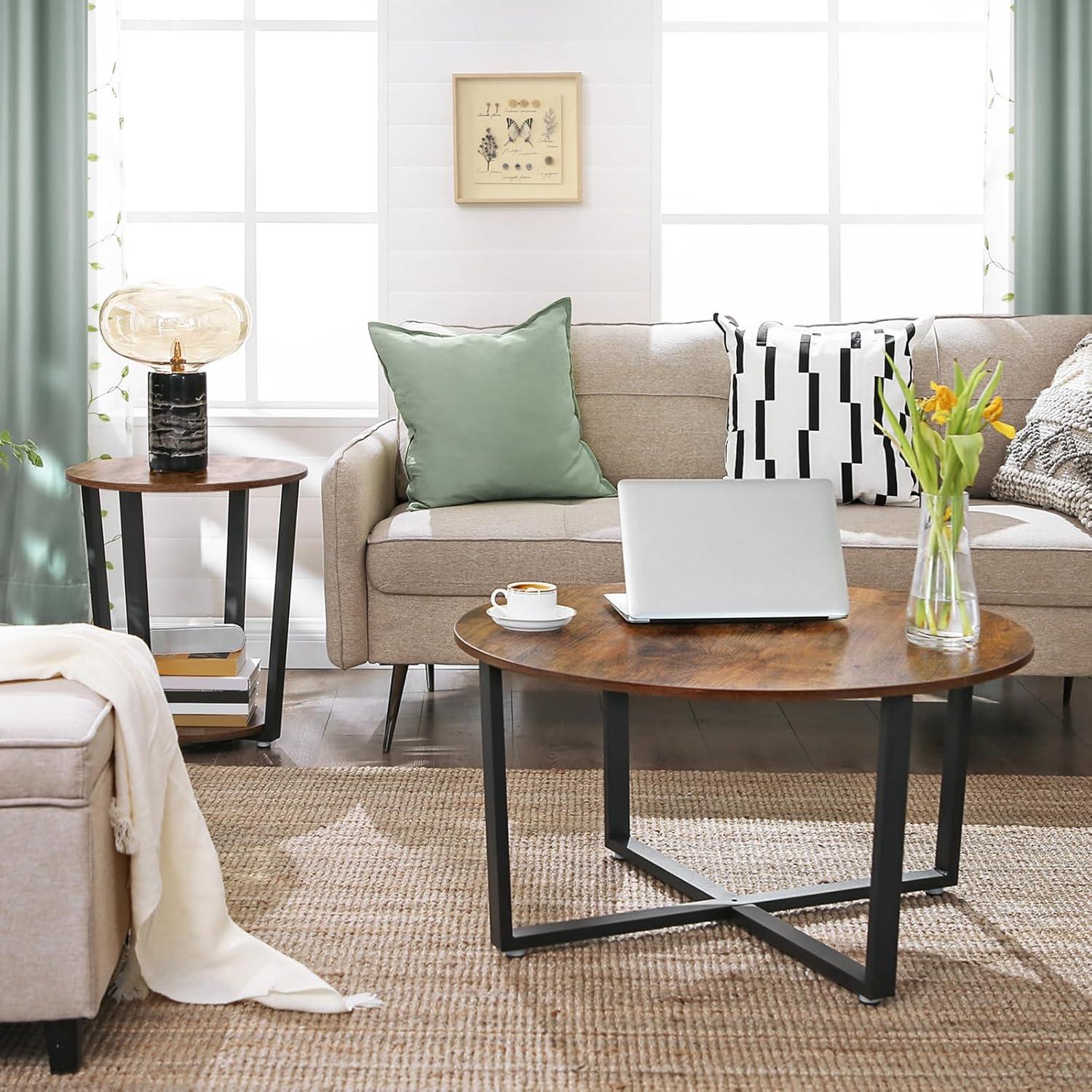 Rustic Brown and Black Round Wood Metal End Table