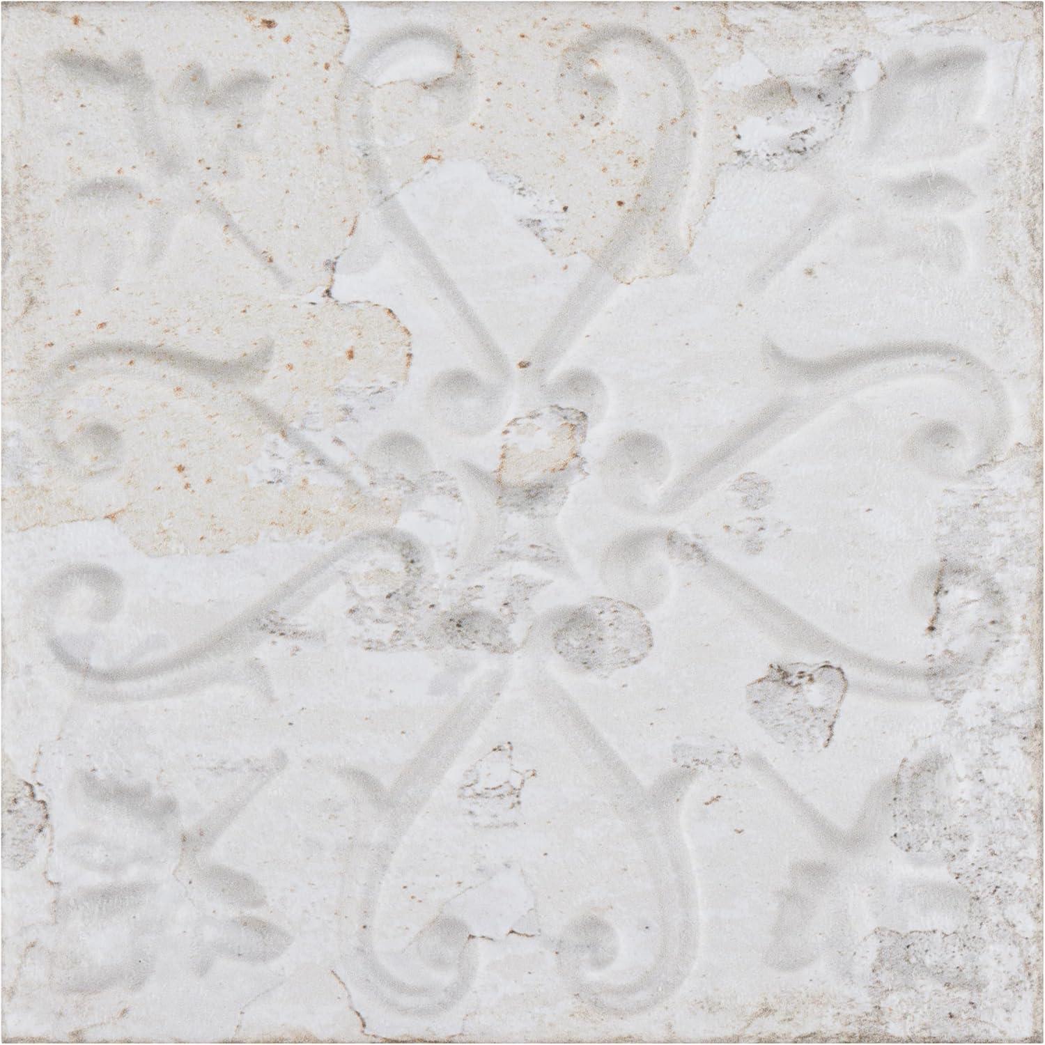 Aevum Ornato White Ceramic Wall Tile with Distressed Patterns