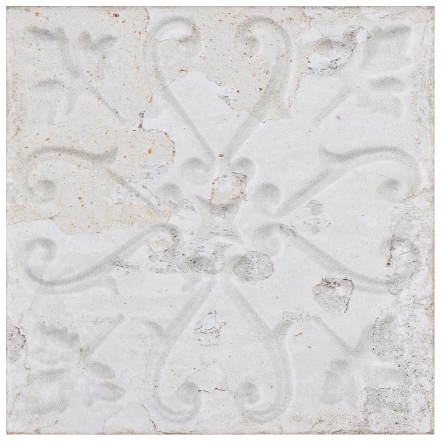 Aevum Ornato White Ceramic Wall Tile with Distressed Patterns